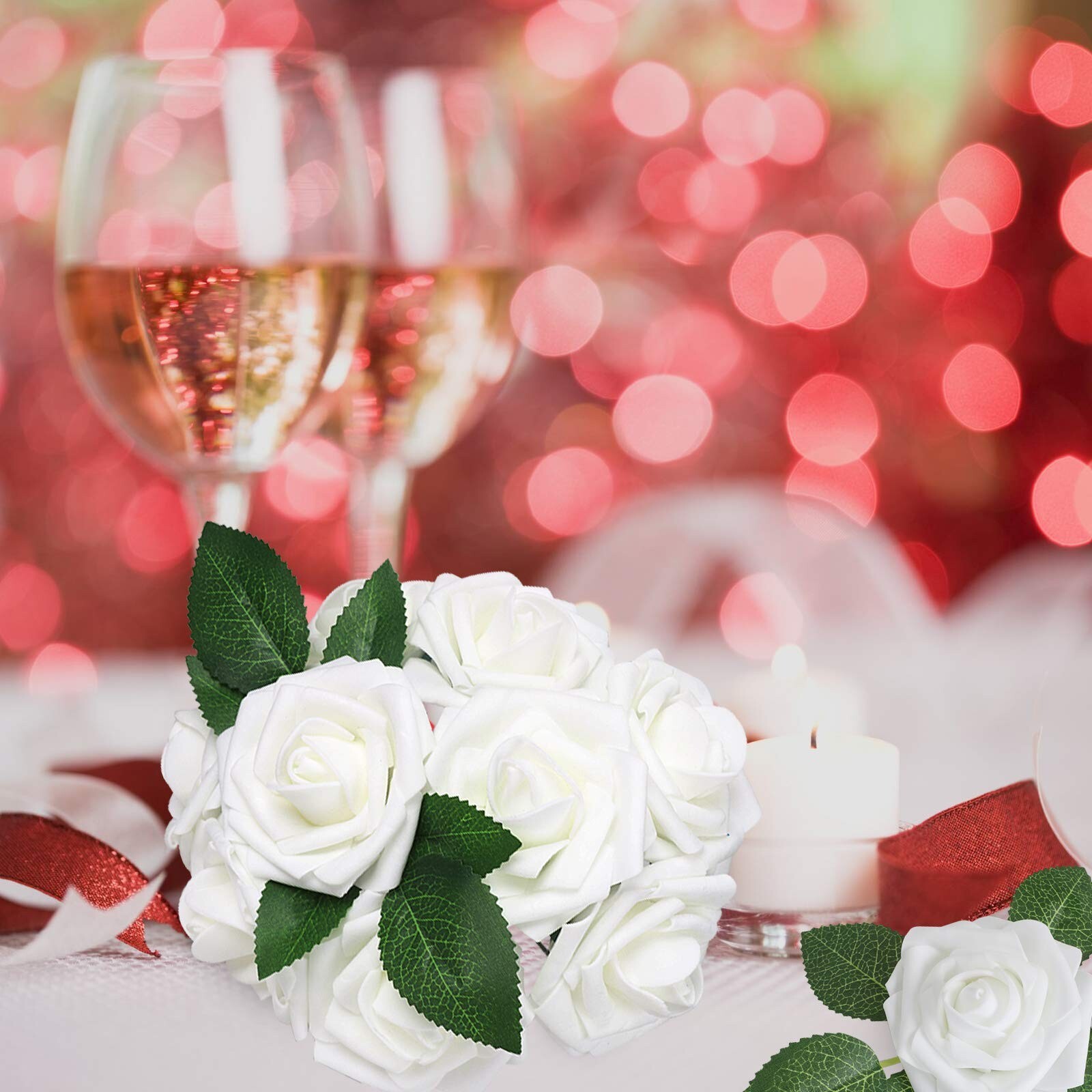 AmyHomie Artificial Flowers White Rose 100pcs Real Looking Fake Roses w/Stem …