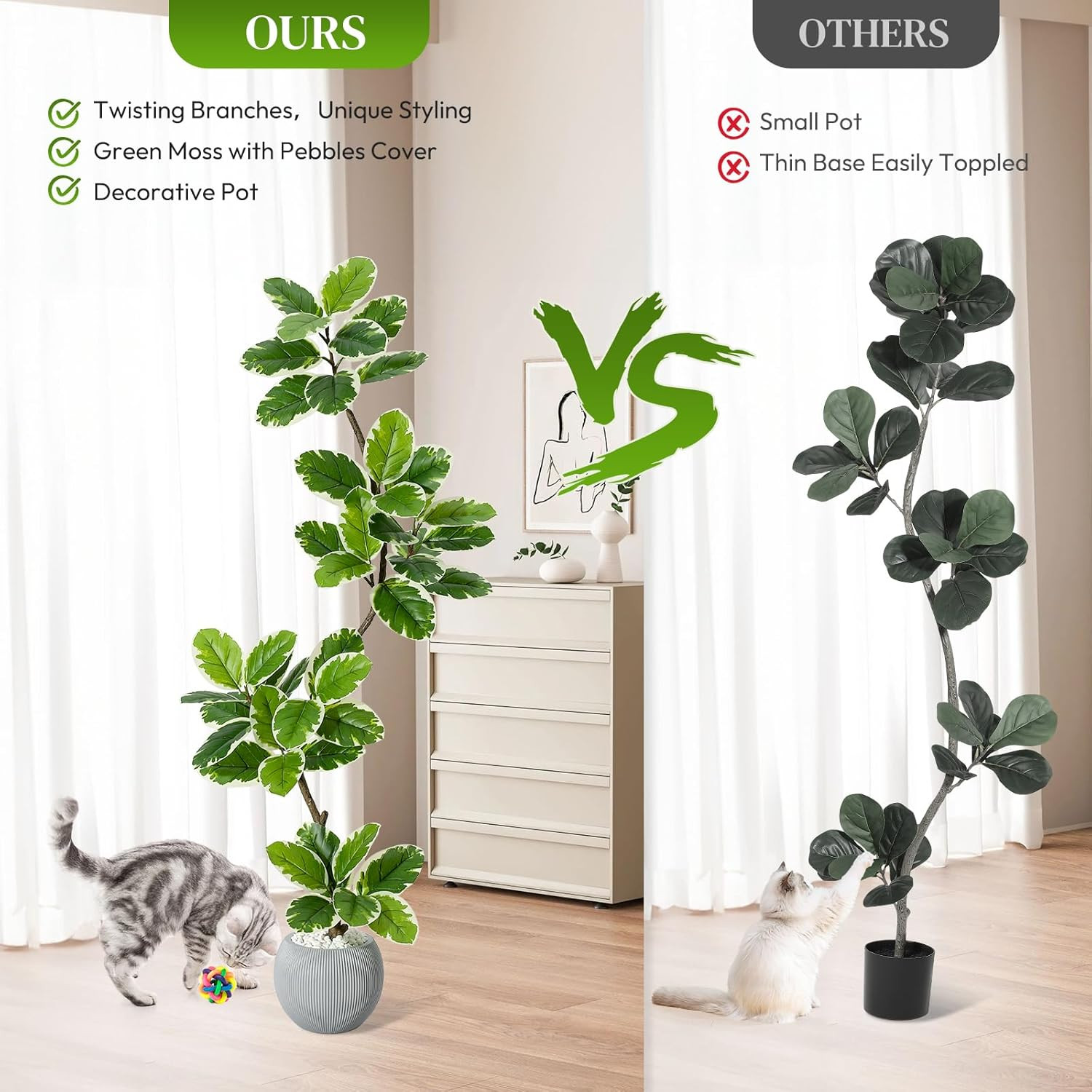 7FT Fiddle Leaf Fig Tree – Realistic Faux Indoor Plant with Planter & Pebbles