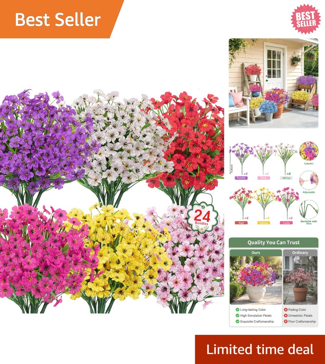 Stunning 24 Bundle Silk Artificial Flowers – Perfect for Garden & Porch Decor