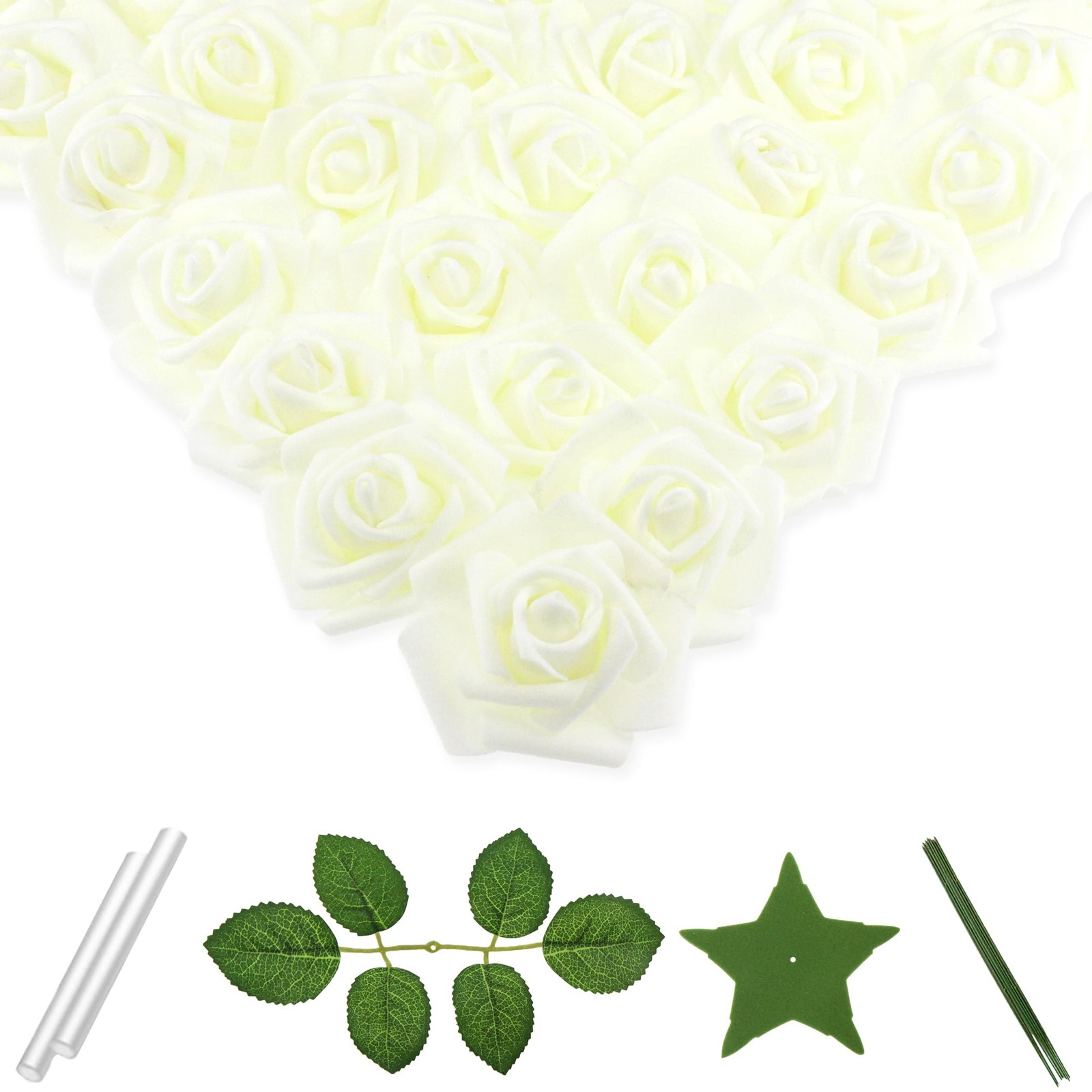 3 Inch Artificial Flowers Bulk Faux Foam Fake Rose Head Ivory 100 PCS