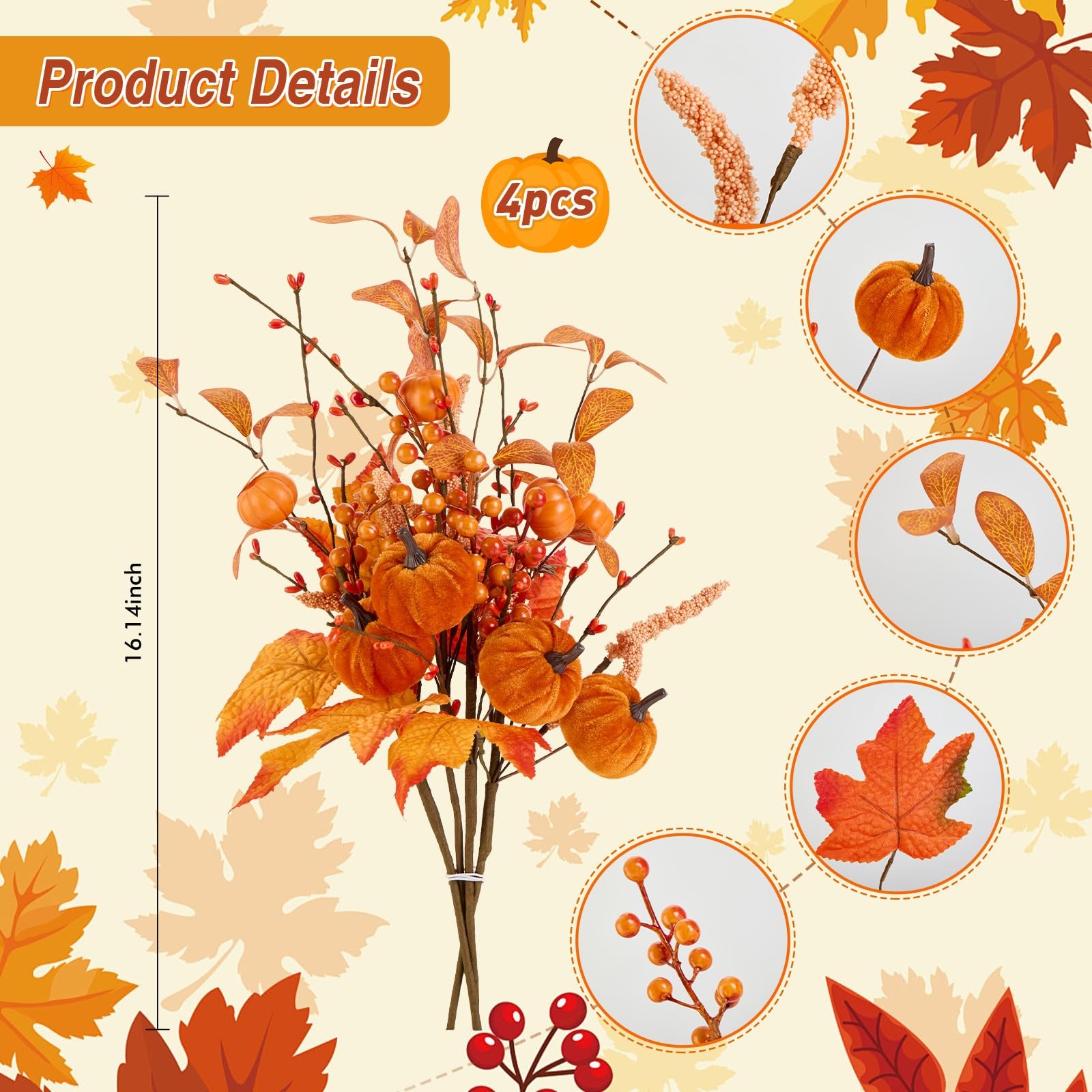 4PCS Artificial Autumn Pumpkin Berry Flower Maple Plant Stems Picks Farmhouse…