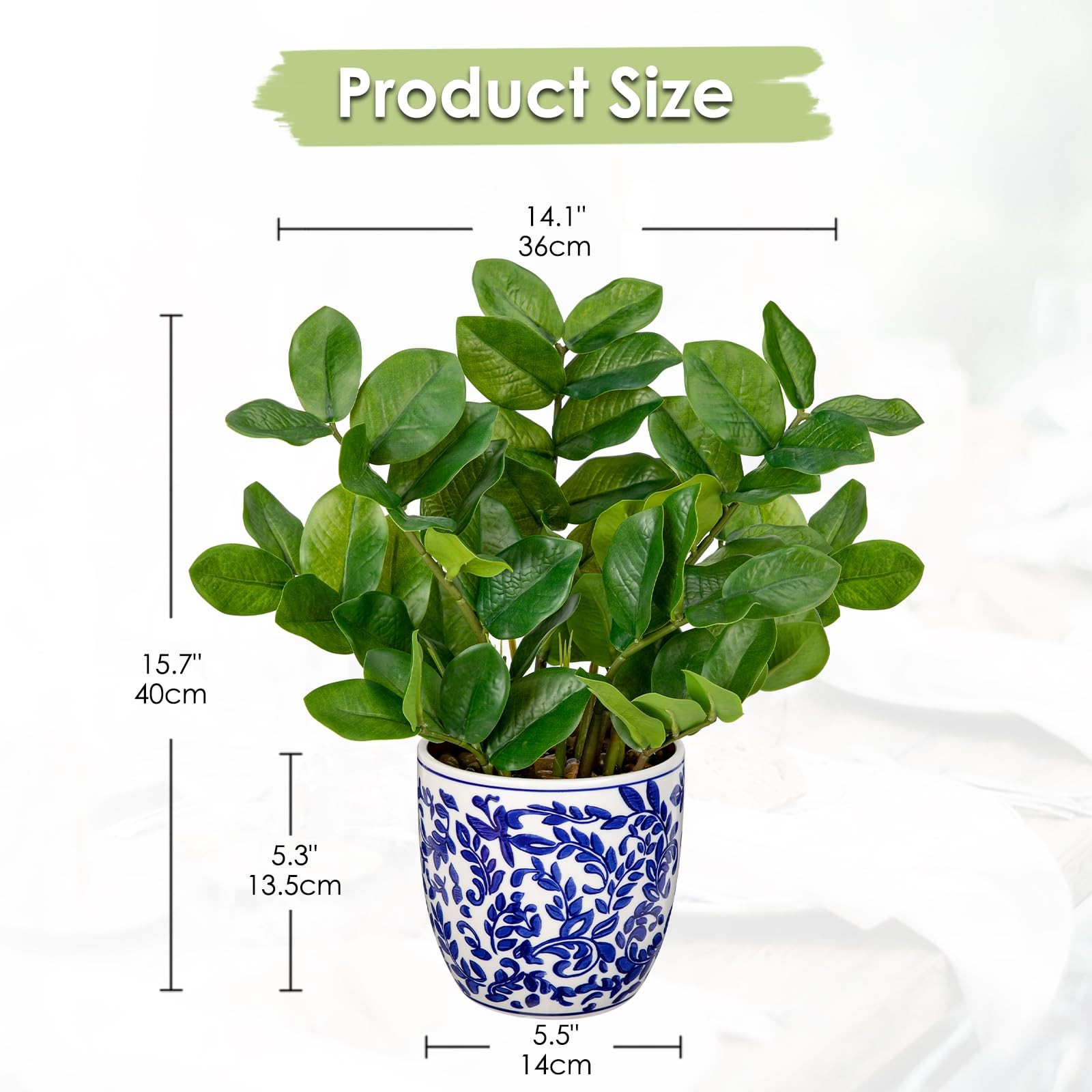 Faux Plants Indoor 15.7in Fake ZZ Silk Plant in Blue and White Ceramic Pot Re…