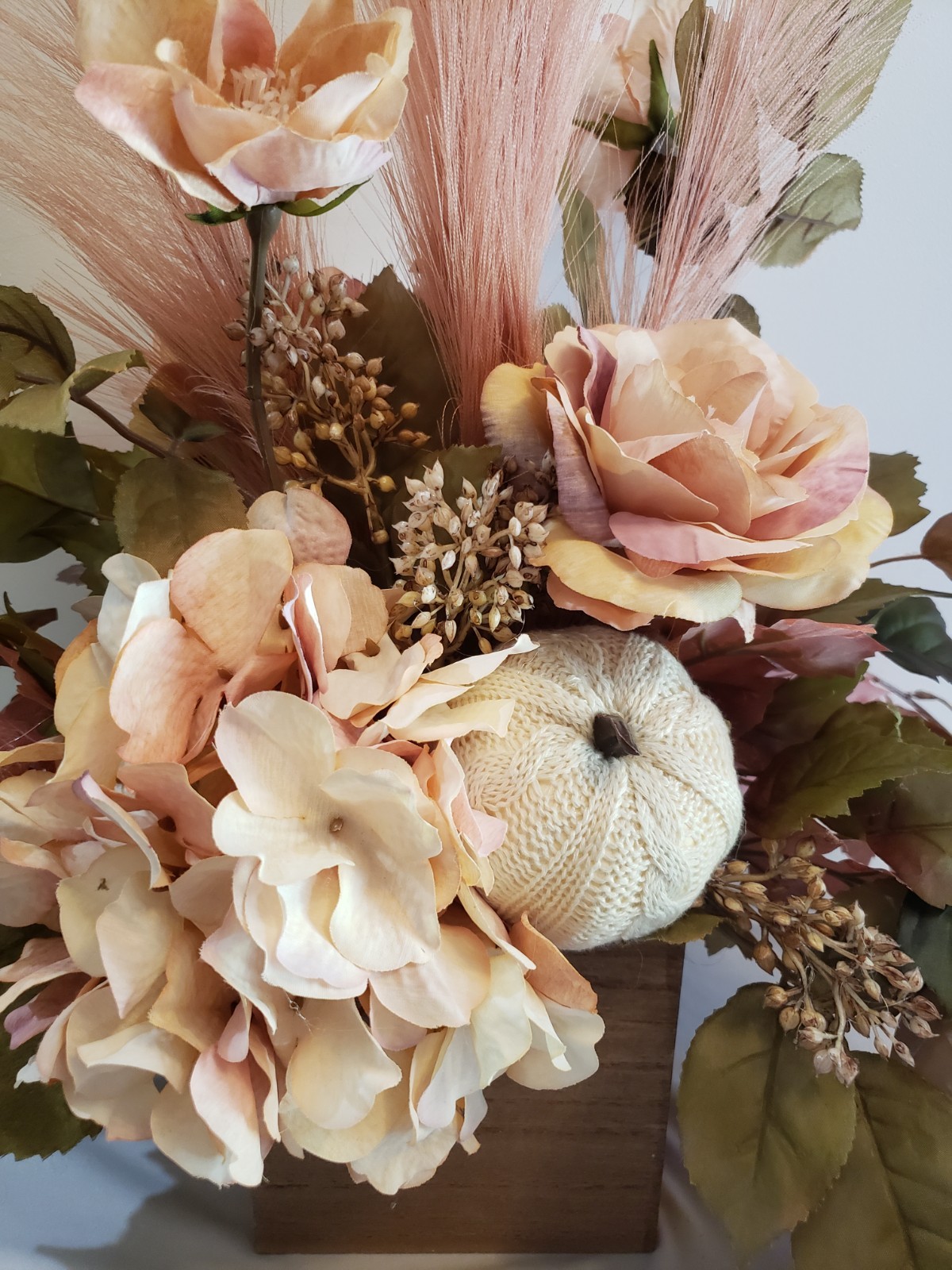 Pink Dried Look Hydrangea Centerpiece, Pampas Grass, Cream Pumpkins