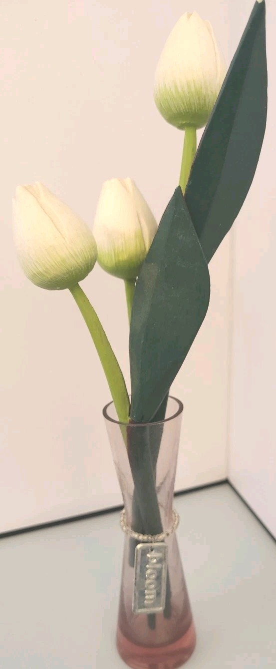 Vintage 3 Wooden Tulips Spring Bulb Flower In Handblown Pink/purple 5″ Vase.
