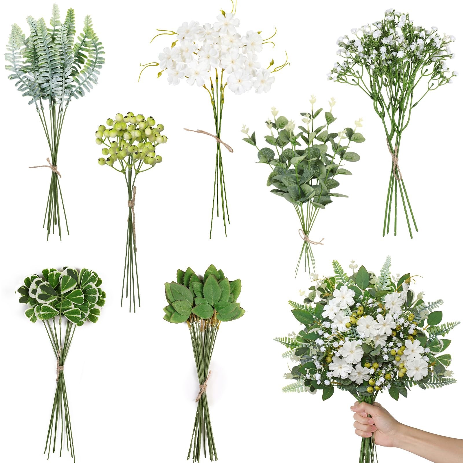 65PCS Artificial Eucalyptus Greenery Stems, 7 Kinds Mixed Faux White Babys Br…