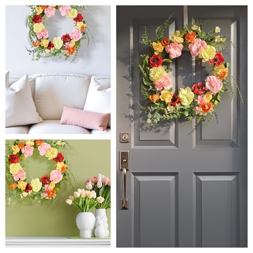 Spring & Summer Wreath 22 Inch with Mixed Flowers for Front Door Branch Wreath