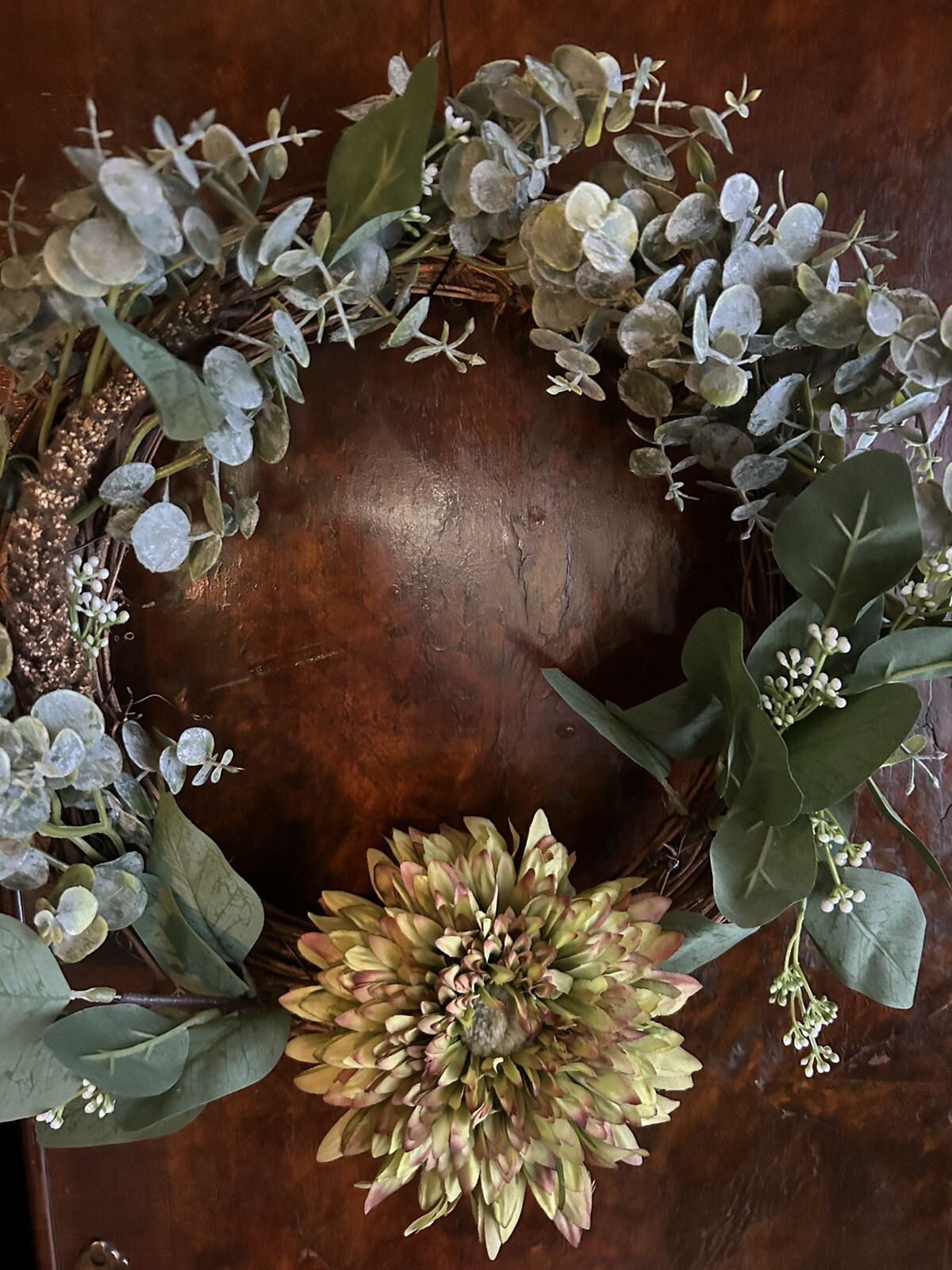 Eucalyptus and Zinnia Grapevine Wreath 12 Inch Handmade NEW Spring Decor