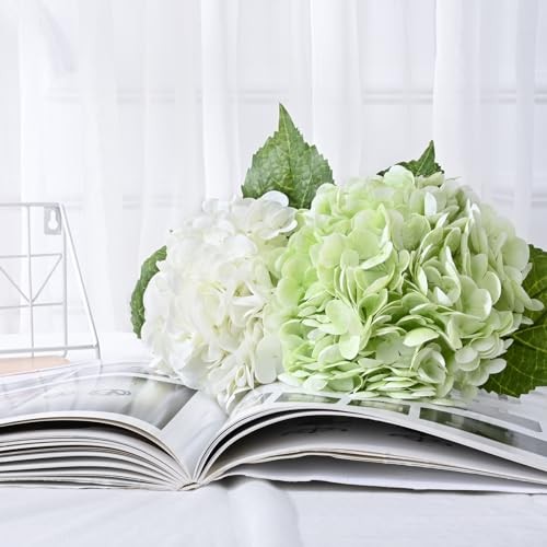 4 Pcs Hydrangea Artificial Flowers, 2 Green & 2 White Real Touch Flowers, 21″