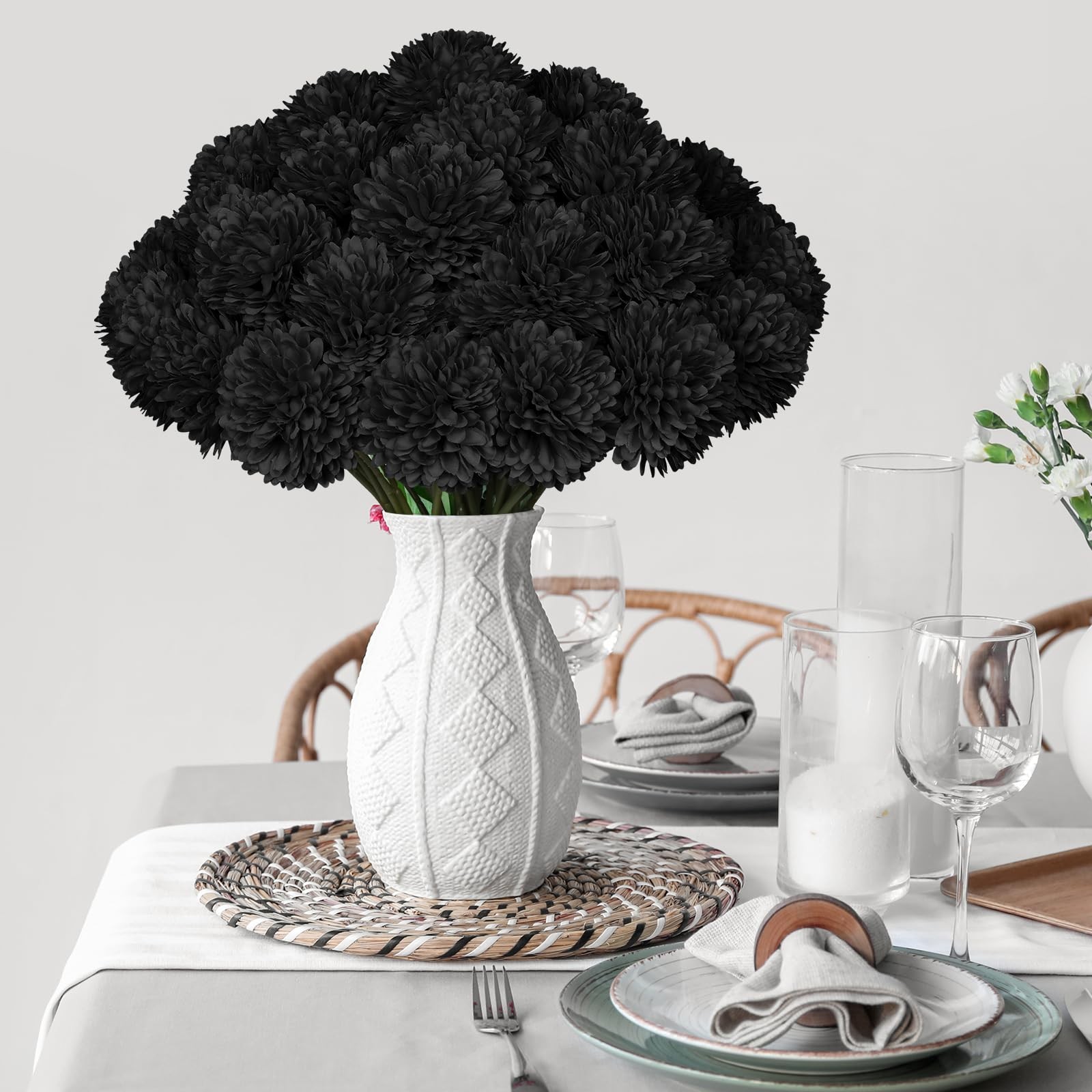 36 PCS Black Artificial Chrysanthemums Silk Fake Mums Halloween Gothic Decor