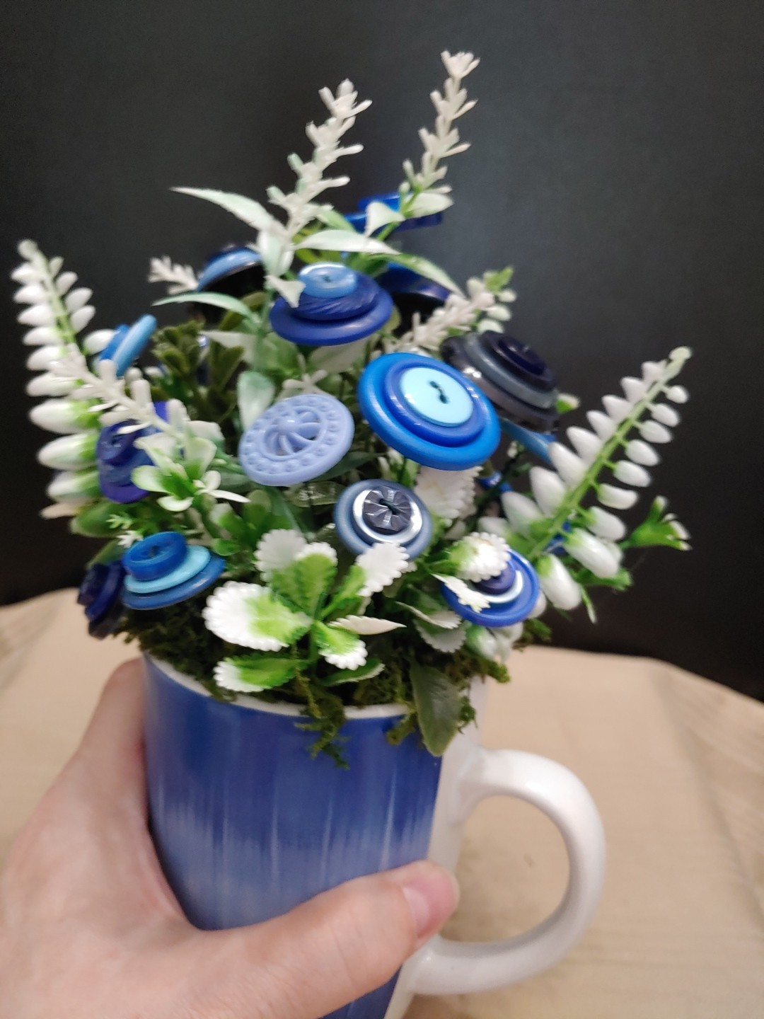 Blue Button Flower Bouquet With Greenery In Blue White Coffee Mug Vintage Button