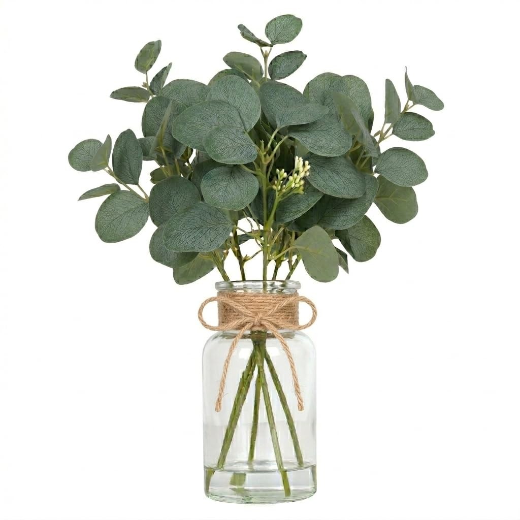 Velener Faux Eucalyptus Stems in Vase with Faux Water, Fake Plants Indoor Art…
