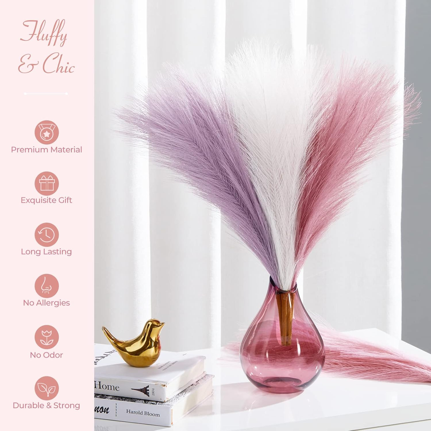 Faux Pampas Grass Decor 17 Inch 6pcs, Purple Pink Artificial Pampas Grass Home W