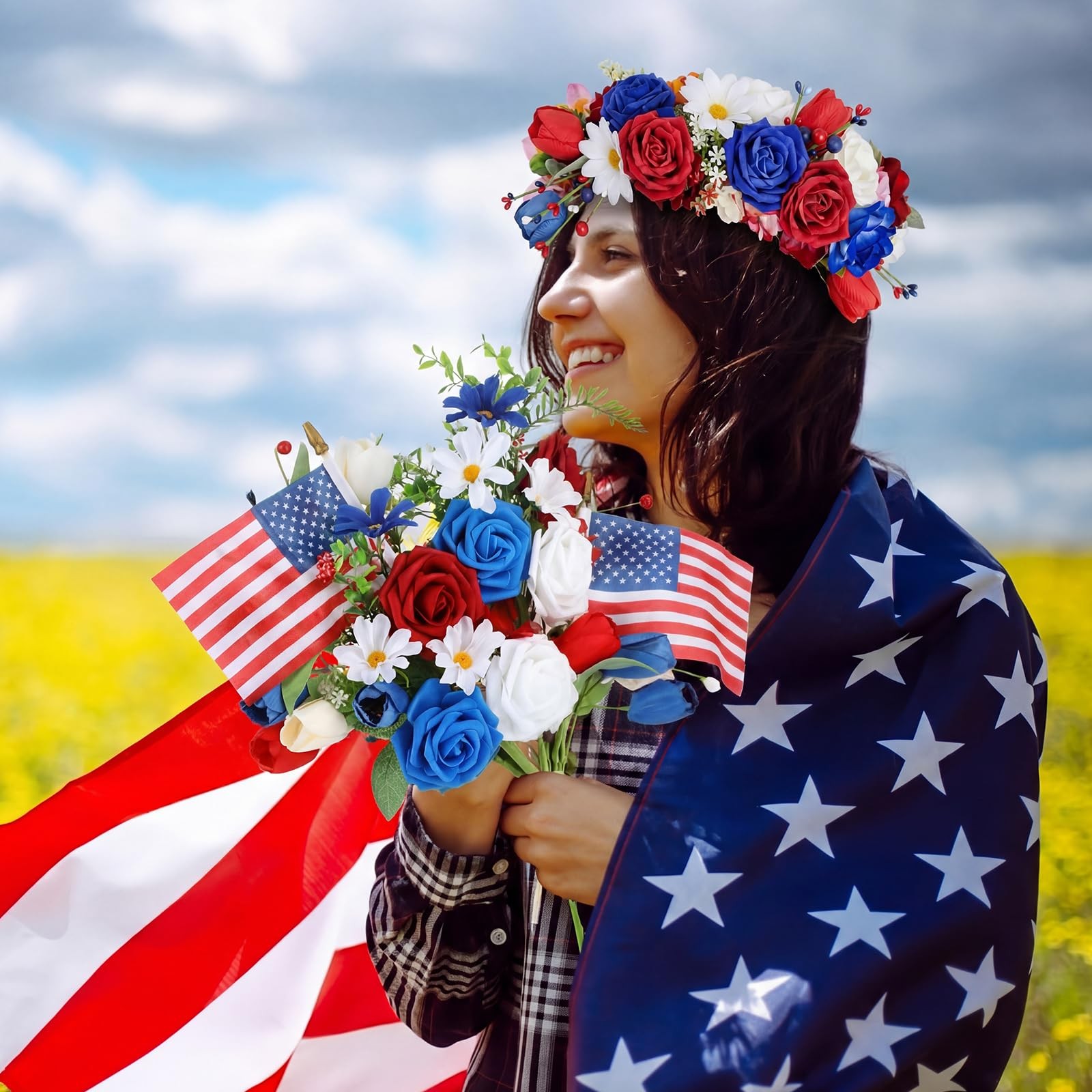 4 Bundles Memorial Day Flowers For Cemetery Artificial Grave Bouquet Flags