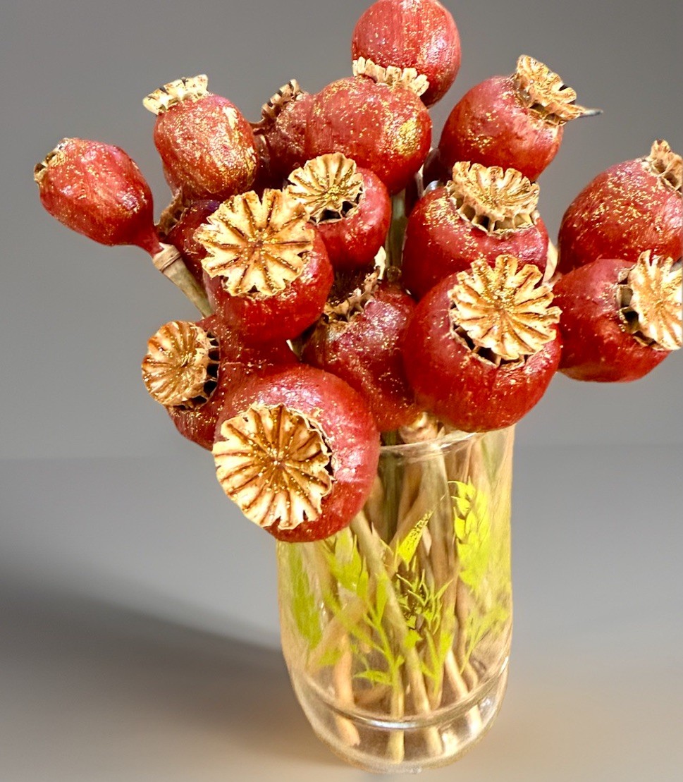 Dried Seed Pods Bouquet Floral Arrangement Centerpiece Decor with VTG GLASS 22