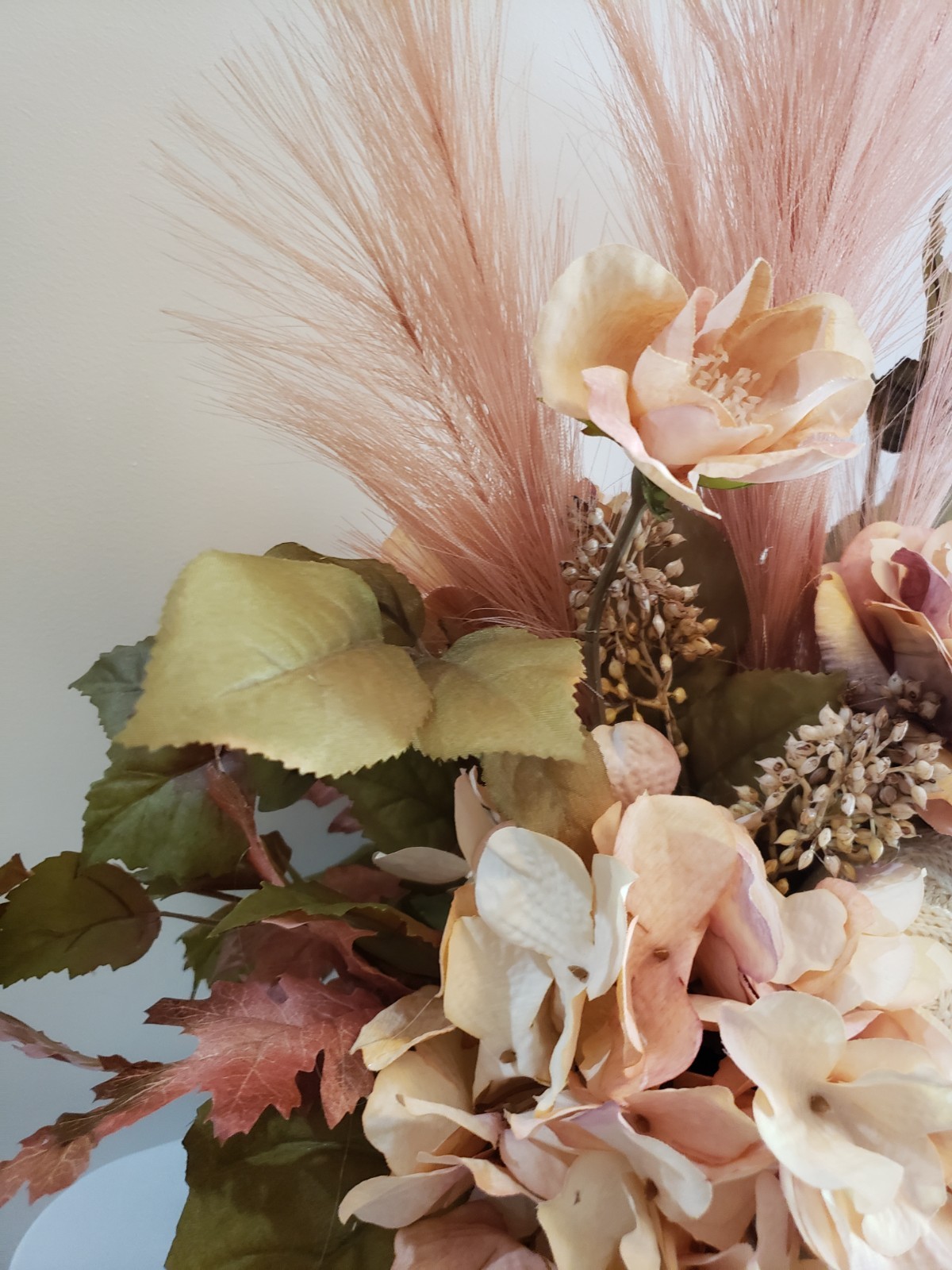 Pink Dried Look Hydrangea Centerpiece, Pampas Grass, Cream Pumpkins