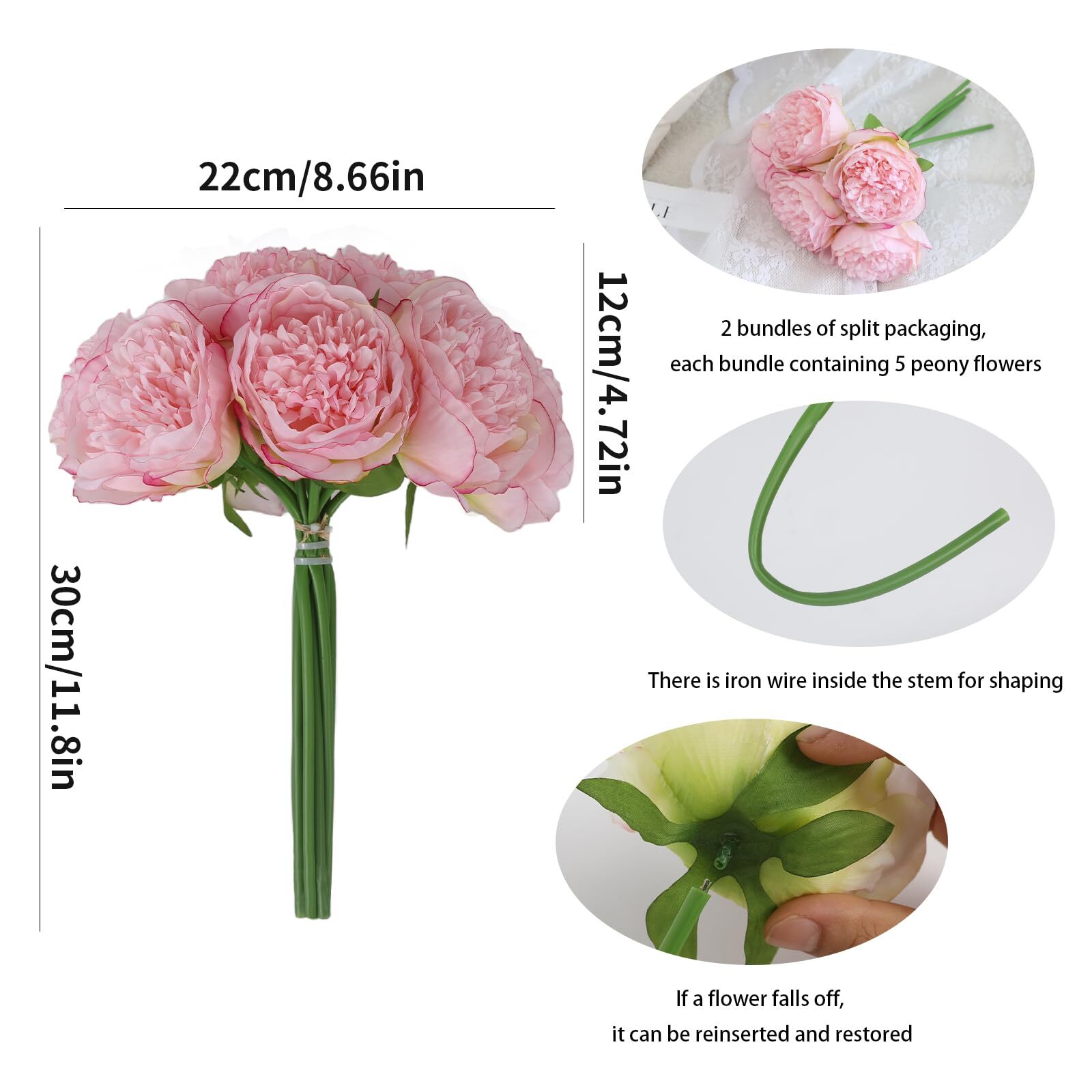 10PCS Pink Realistic Artificial Flowers Peony Fake Silk for Home Office Weddi…