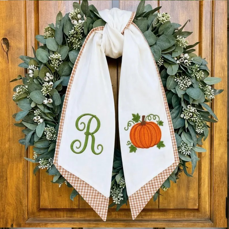 Personalized Embroidered Monogrammed Thanksgiving Fall Wreath Sash Bow Decor
