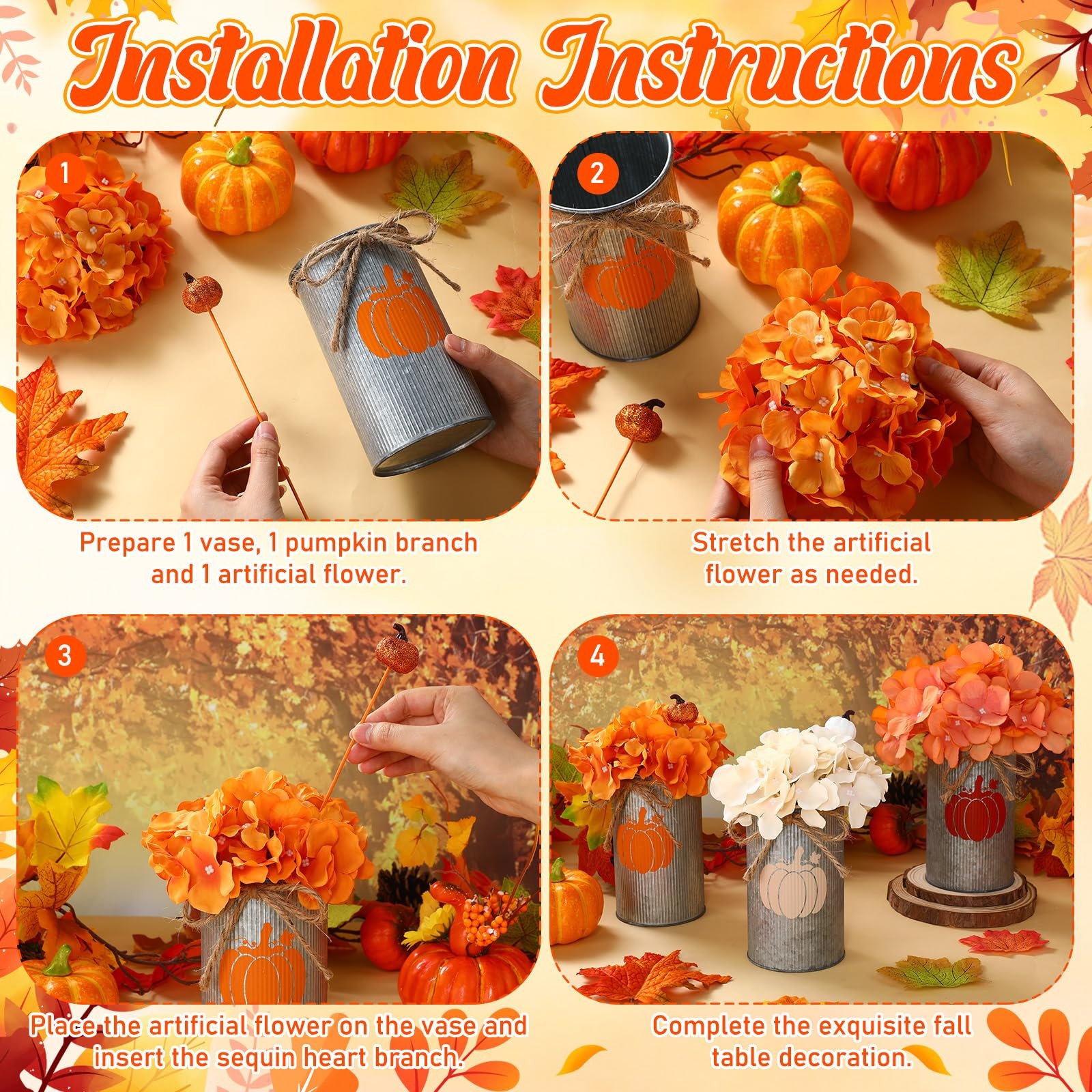 6 Sets Thanksgiving Fall Centerpiece Artificial Flower Pumpkin Metal Vase