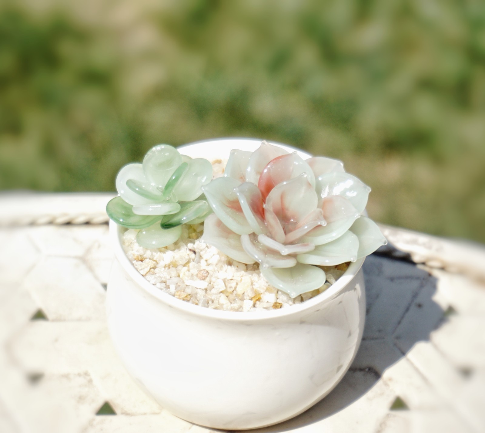 Handmade Glass Succulent Plant in Ceramic Pot Desk Home Decor Gift 4 in
