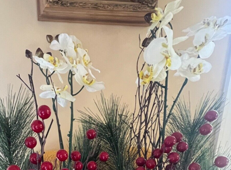 Christmas Orchid Pine Berry Floral Arrangements Mantle Topiary Ceramic Pots x2