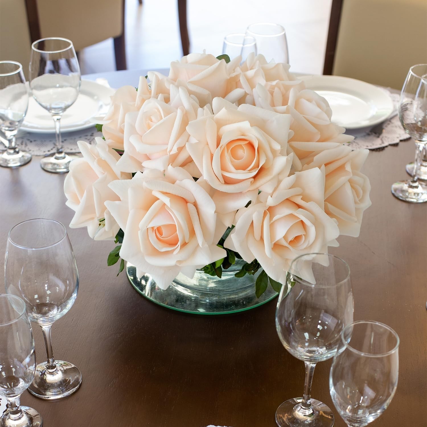 JINWOE 10pcs Cream Real Touch Roses Flowers, Lifelike Full Bridal Bouquet