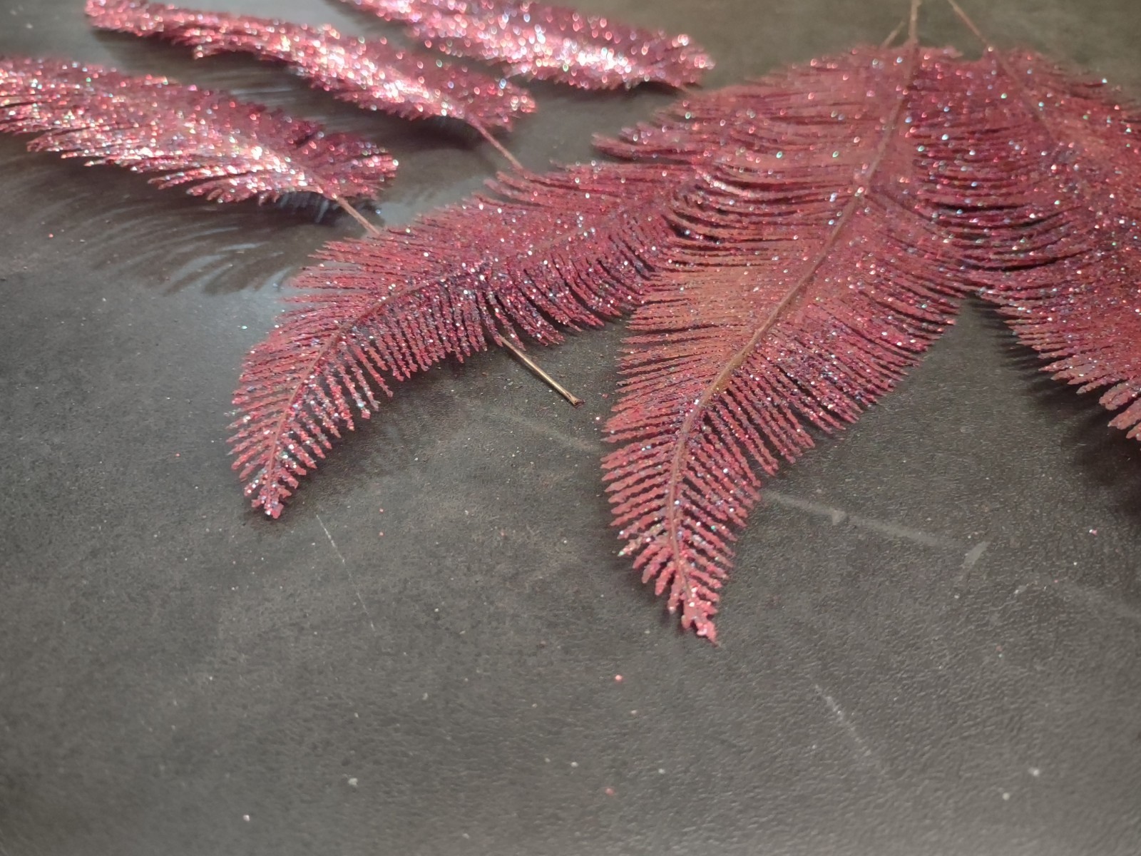 6 Pieces: Retro Plastic Feather Fern, Purple Red & Blue Glittered, Wired 15″