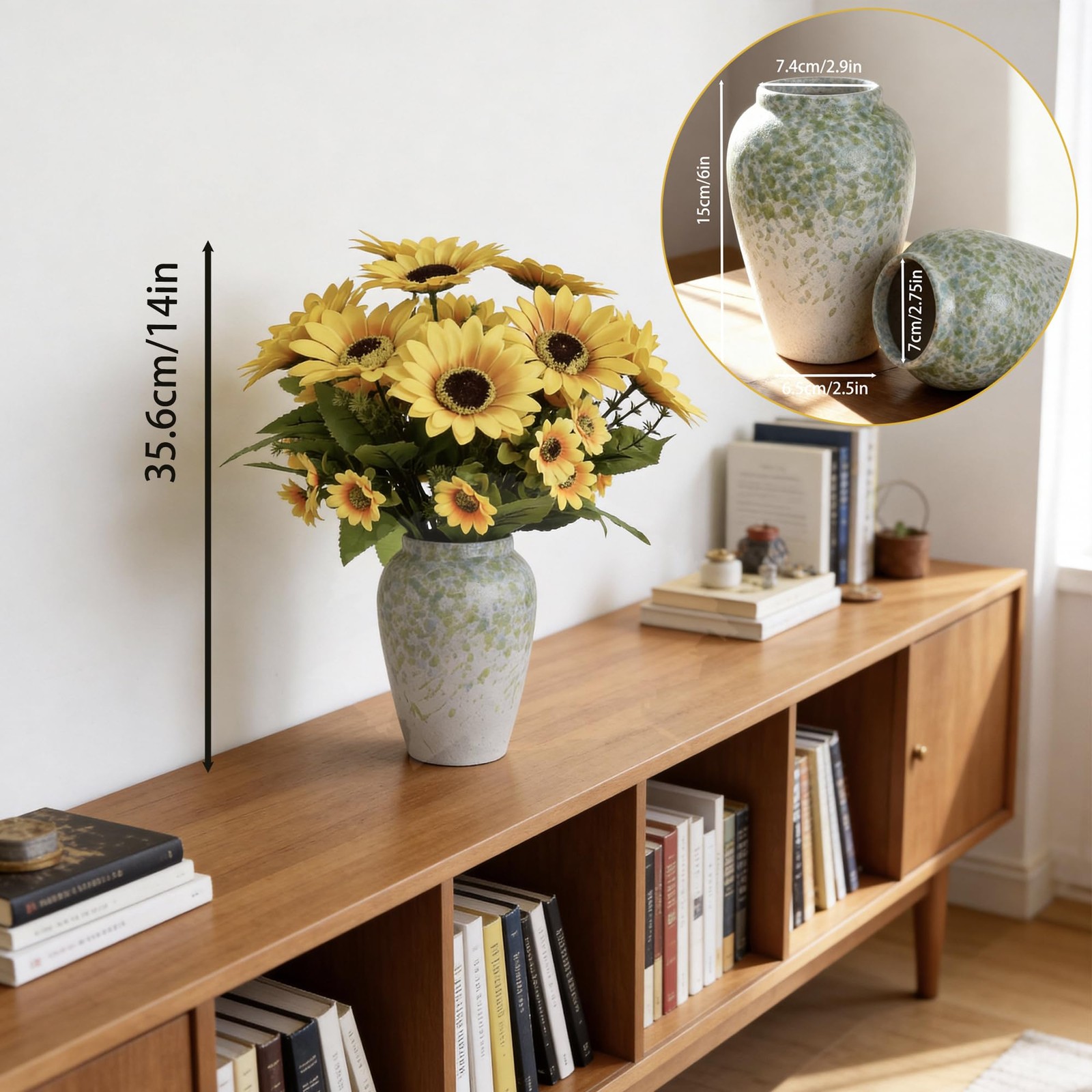 14″ Artificial Sunflowers Arrangement in Green & Blue Speckled Ceramic Vase â€“