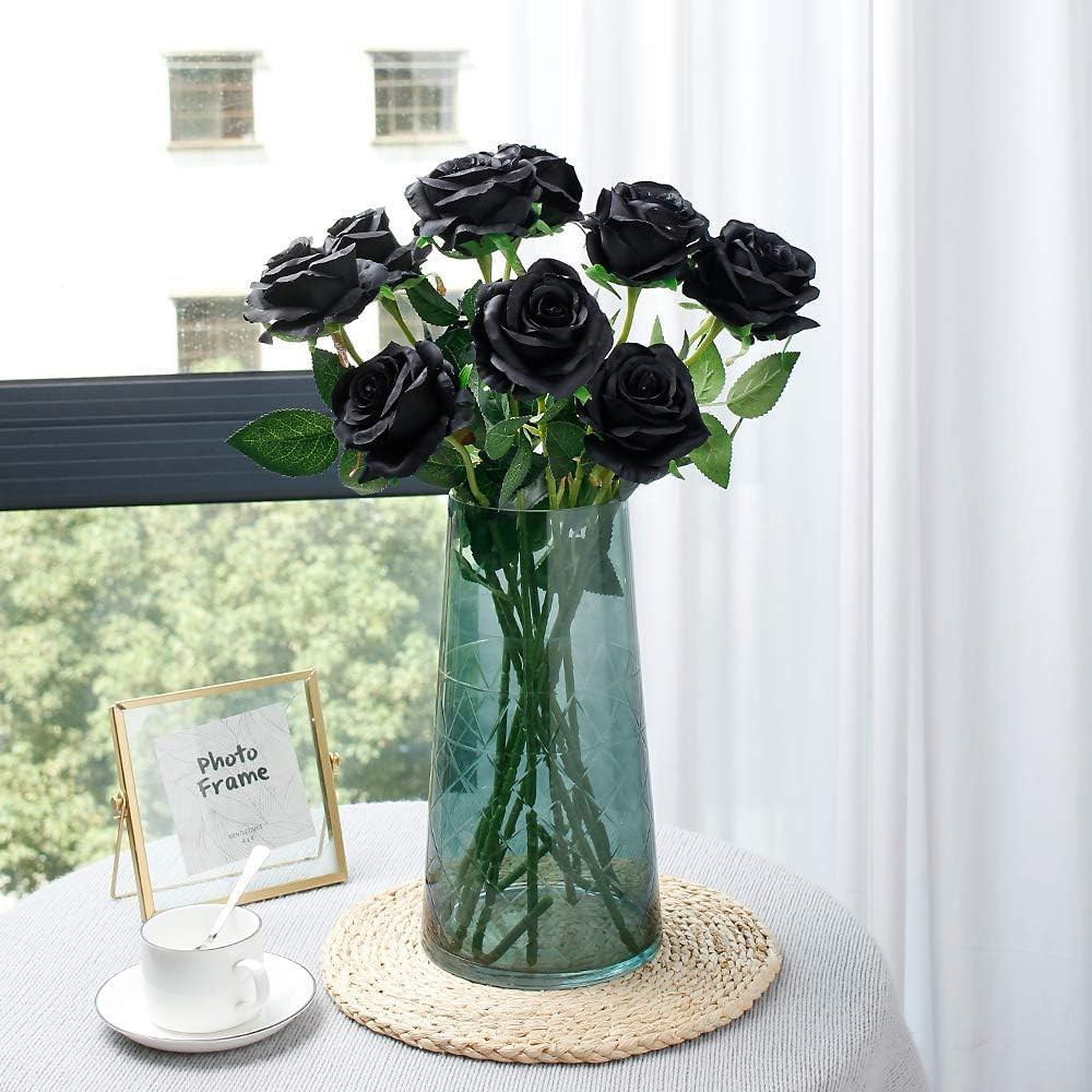 Black Fake Roses Artificial Flowers – 10 Pcs Fake Artificial Roses Silk Flowers