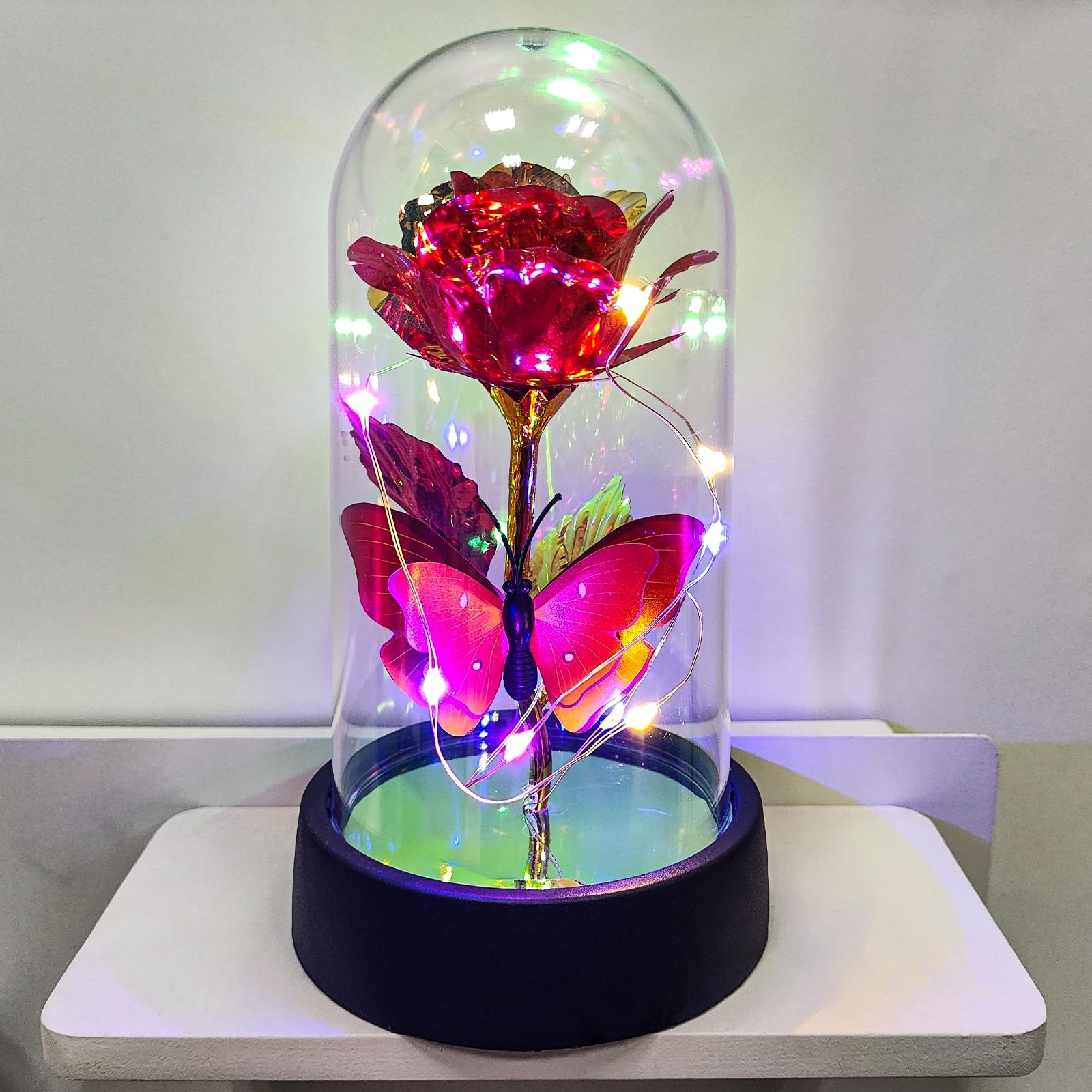 Eternal Rose Flower in Glass Dome with LED Lights for Her Women Mothers