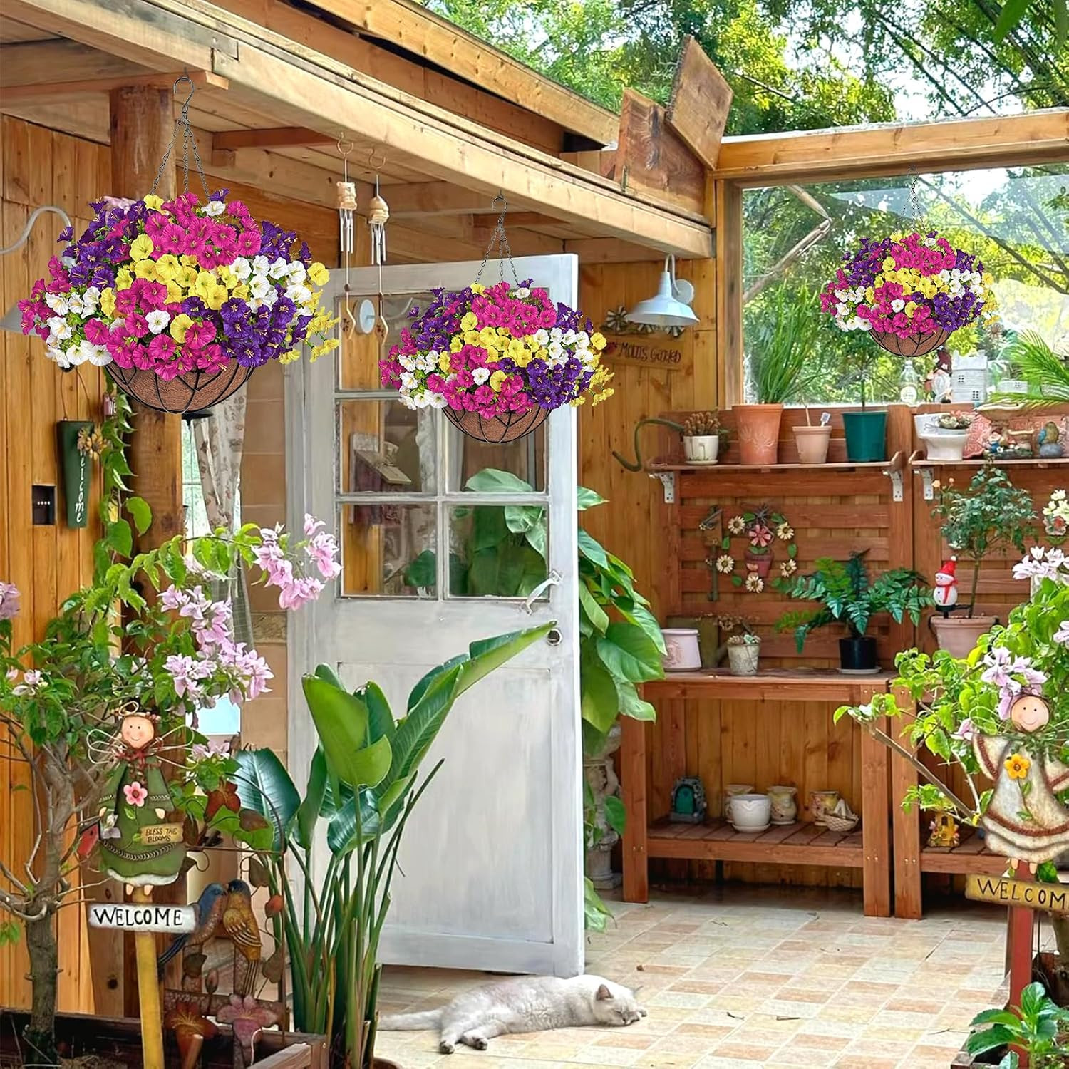 Faux Silk Morning Glory Hanging Flower Baskets – 2 Set for Indoor/Outdoor Decor