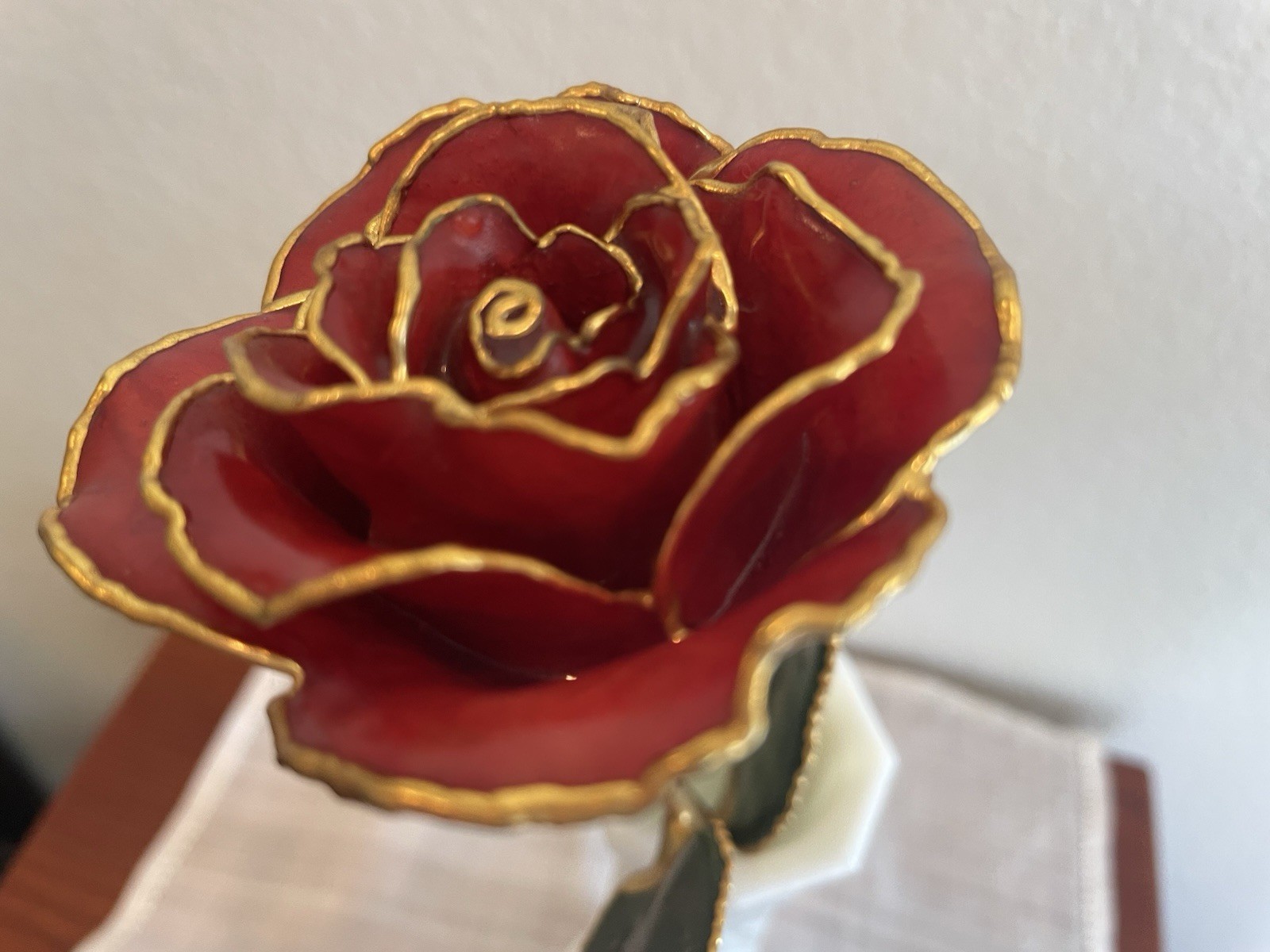 Burgundy Rose Preserved in Lacquer with 24k Gold Plating on Petals and Stem