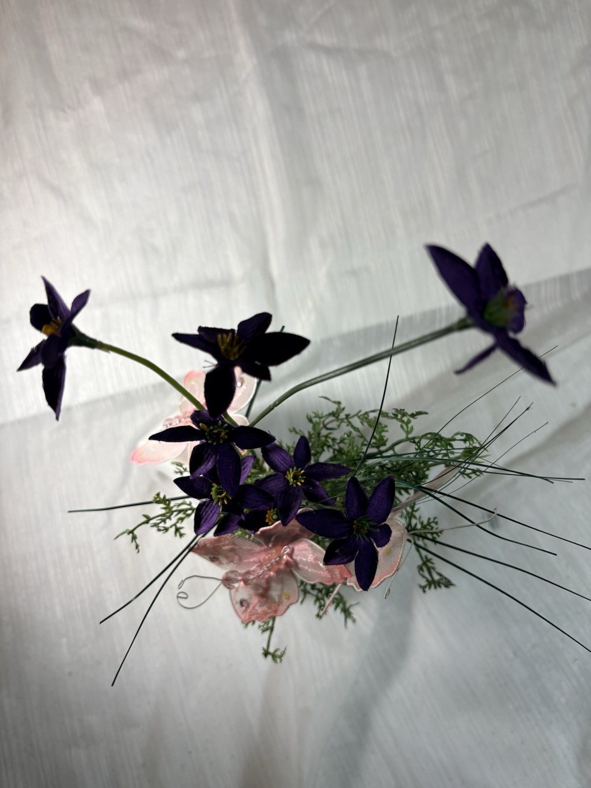Artificial Purple Flower Arrangement with Pink Butterfly in White Ceramic Vase
