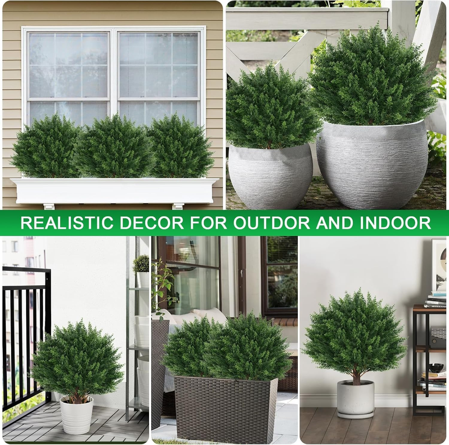 4Pack Artificial Cedar Topiary Ball Trees, 16” UV Resistant Fake Evergreen Shru