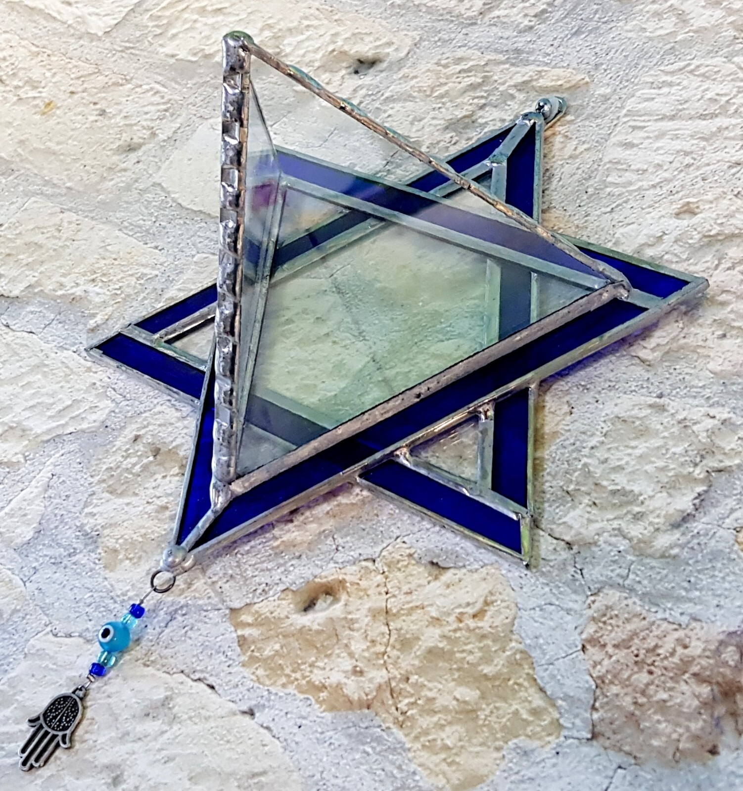 Transparent Terrarium with Blue Frame Stained Glass in shaped Star of David