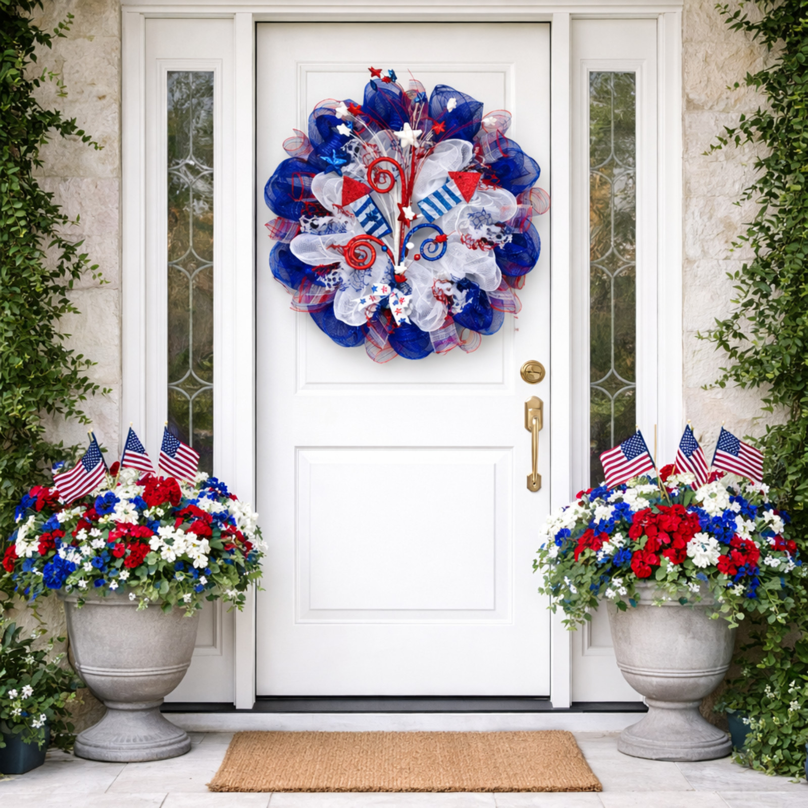 Sky Rockets In Flight Patriotic Handmade Deco Mesh Wreath 24 inch or 28 Inch