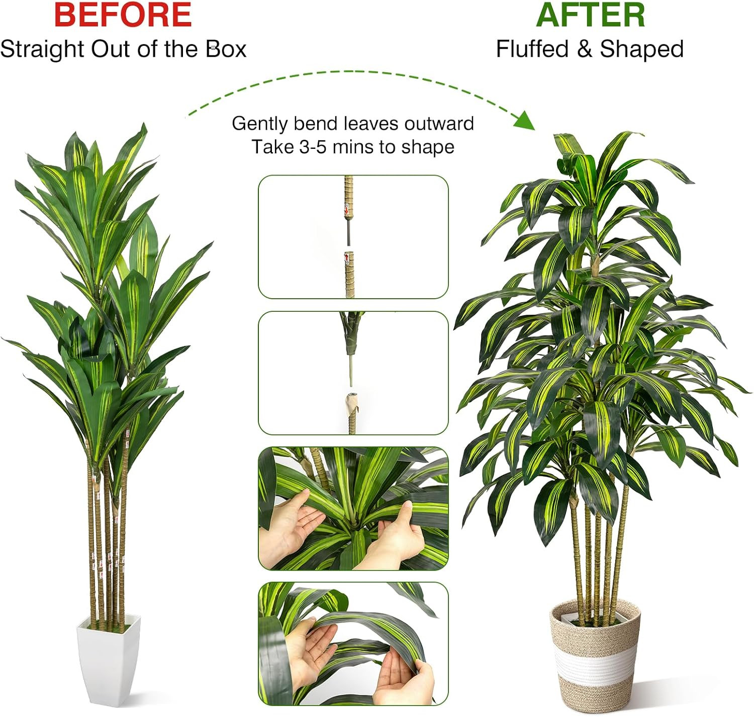 5FT Artificial Dracaena Tree – Tall Faux Dracaena with White Planter, Artificial