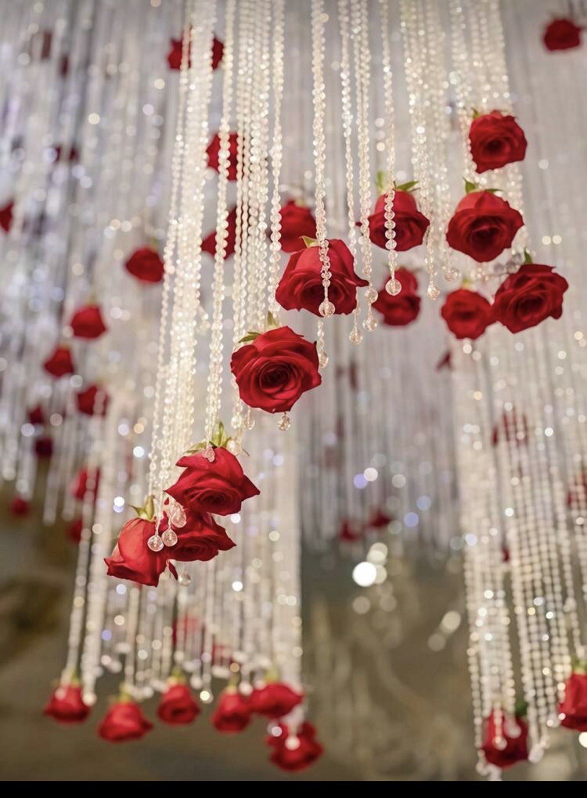 Artificial Red Rose Hanging Decor with Crystal Bead Strands, 7cm Roses 21 pcs