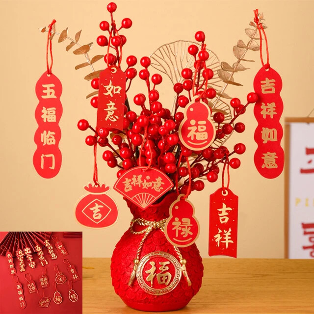 Chinese Spring Festival Decorations Vase Artificial Red Berries Plant Vase with