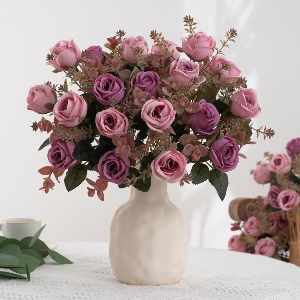 Silk Rose Bouquet Artificial European Style for Bedroom Living Room Decor