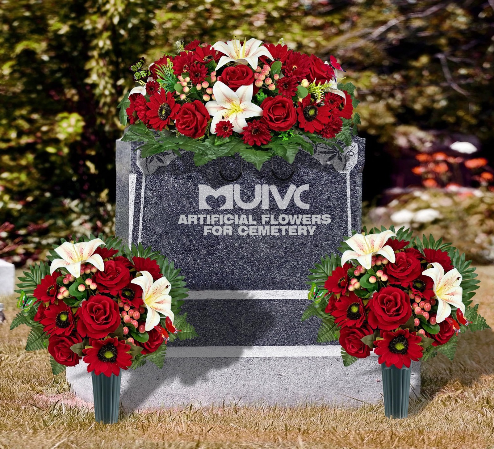 Artificial Cemetery Flower Bouquets – 3-Piece Grave Saddle Set, Colorfast Roses