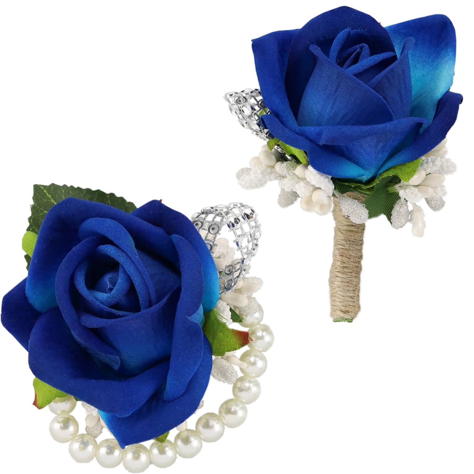 2 PCS Blue Corsage Boutonniere Set Wristlet Prom Decor Men Wedding Flowers