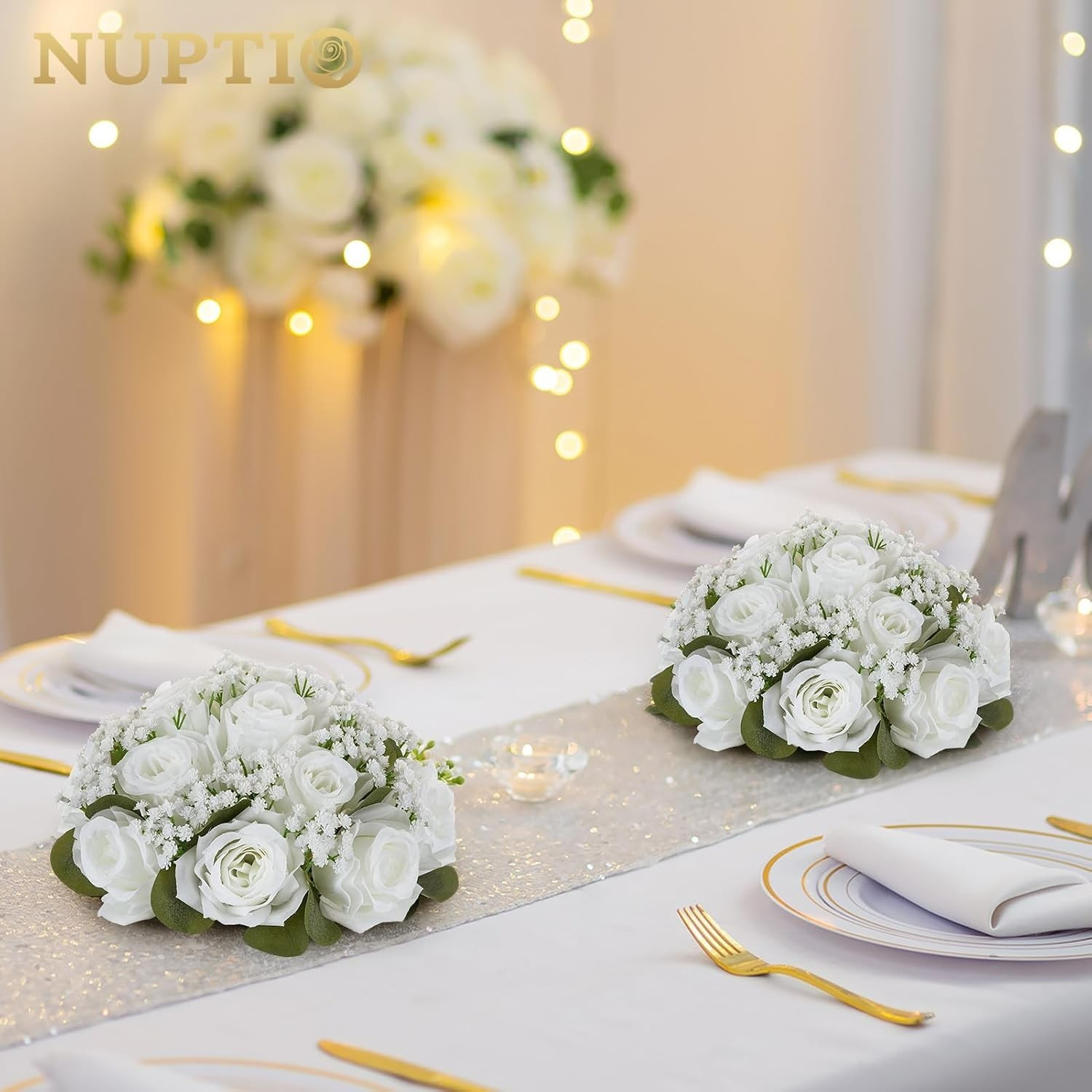 NUPTIO 10 Pieces White Fake Flower Ball Arrangement Bouquet 15 Heads Plastic …