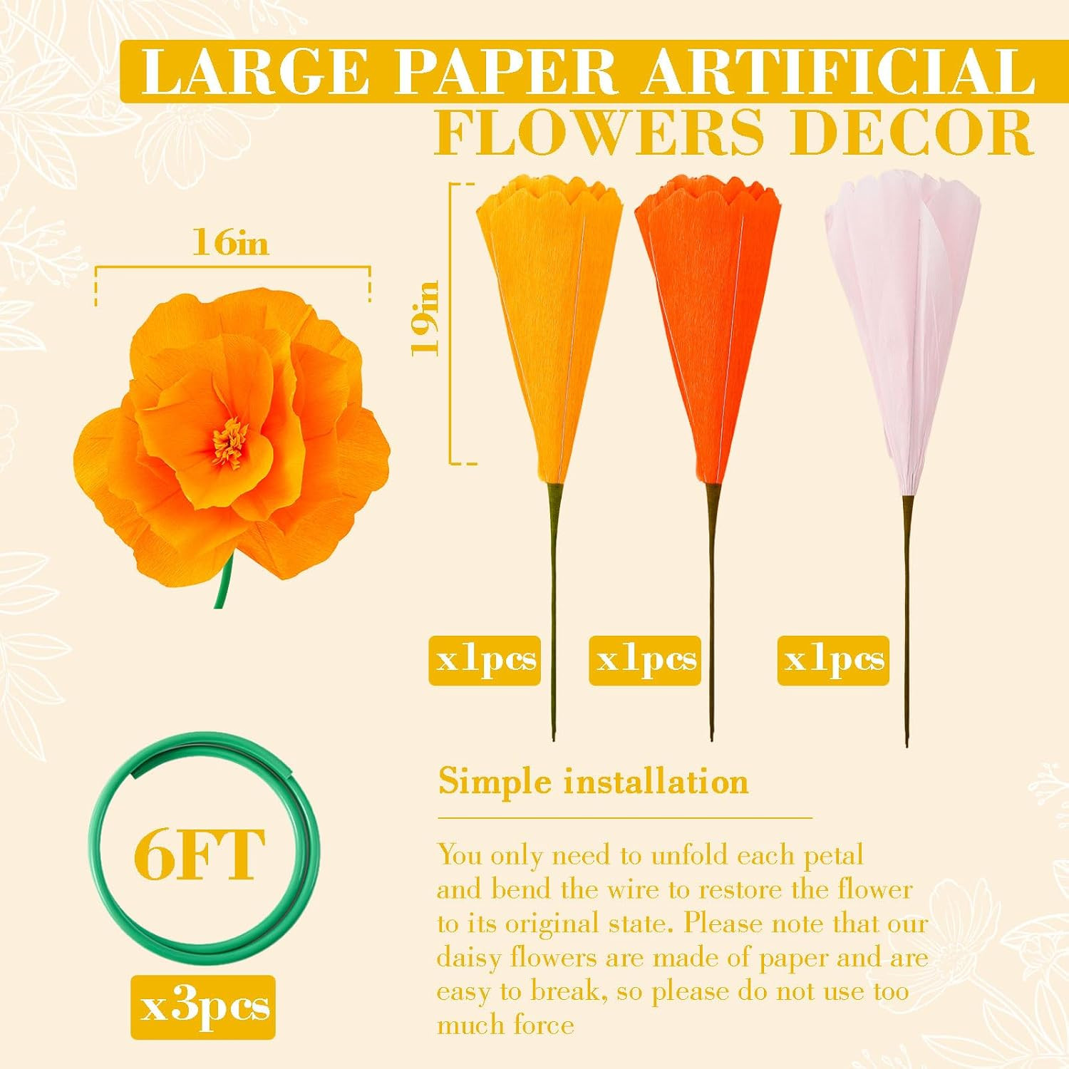3 Pcs 5Ft Large Mix Color Poppy Flowers Giant Artificial Poppy Huge Decoration f