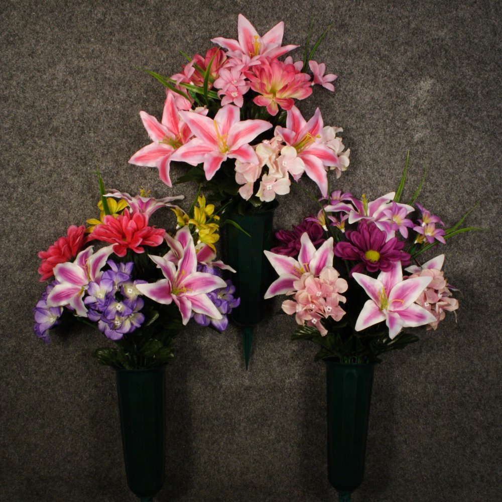 Cemetery Memorial Flower Arrangement One Sided In Cemetery Cone (Choose Color)