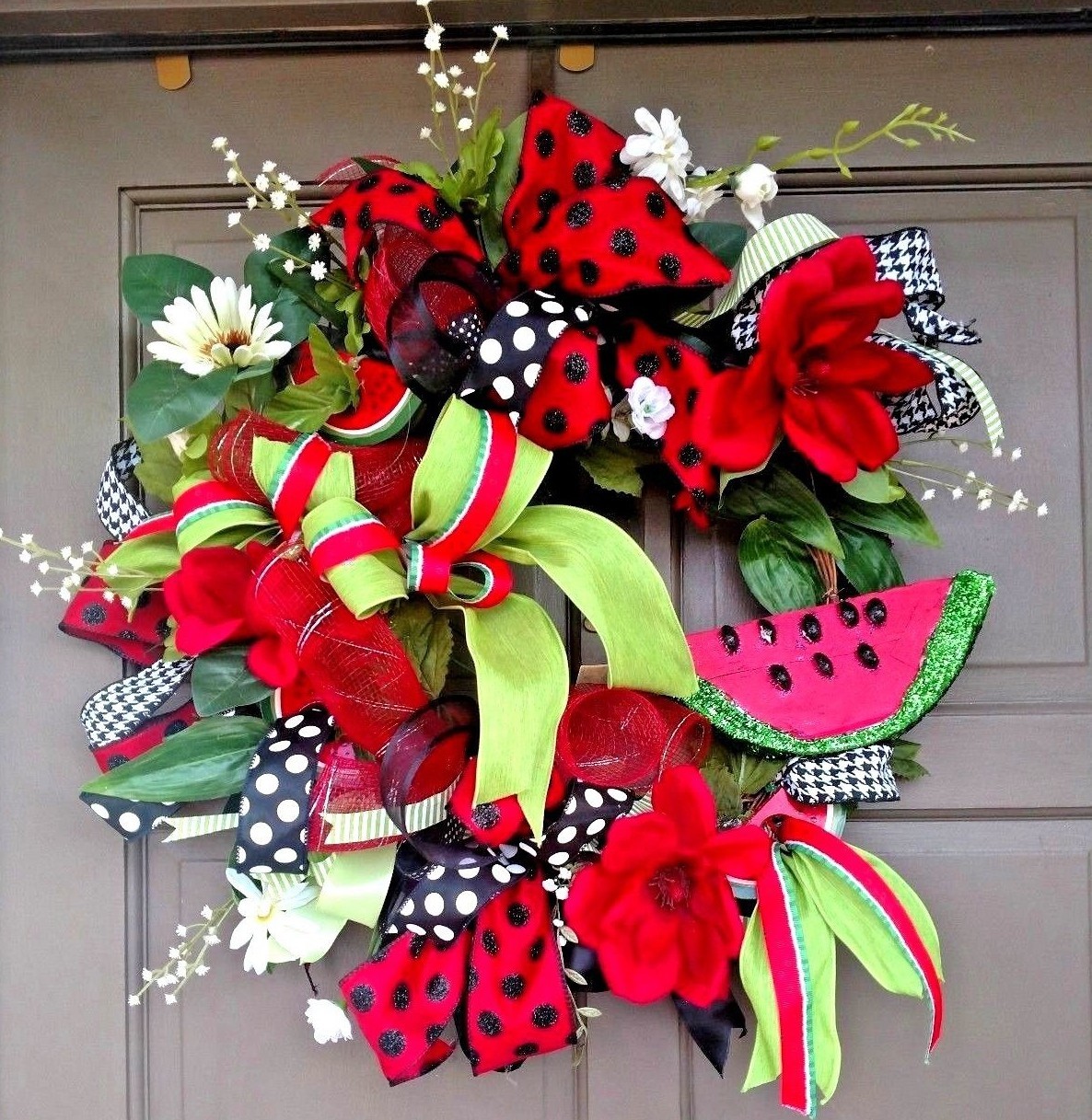 Large 24″ Summer Watermelon Front Door Wreath Handmade Red Farmhouse Decor