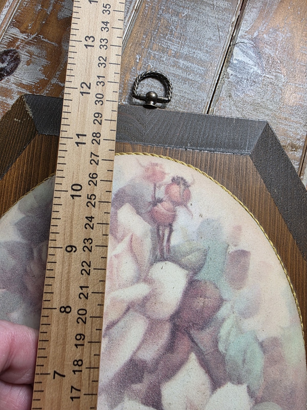 Vintage Oval Wooden Wall Art Plaque With Pink Roses, Convex Dome Shaped Beaded