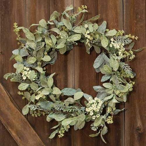 New Cottage Farmhouse QUEEN ANNE LACE GREEN LAMB’S EAR WREATH Hanging 20″
