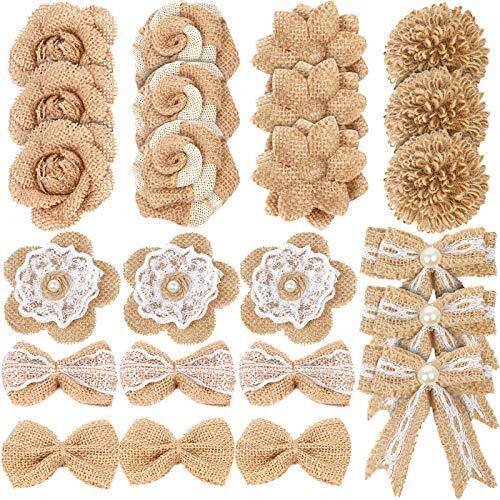 24PCS Burlap Flowers, 8 Styles Natural Handmade Rustic Rose Flower Bowknot