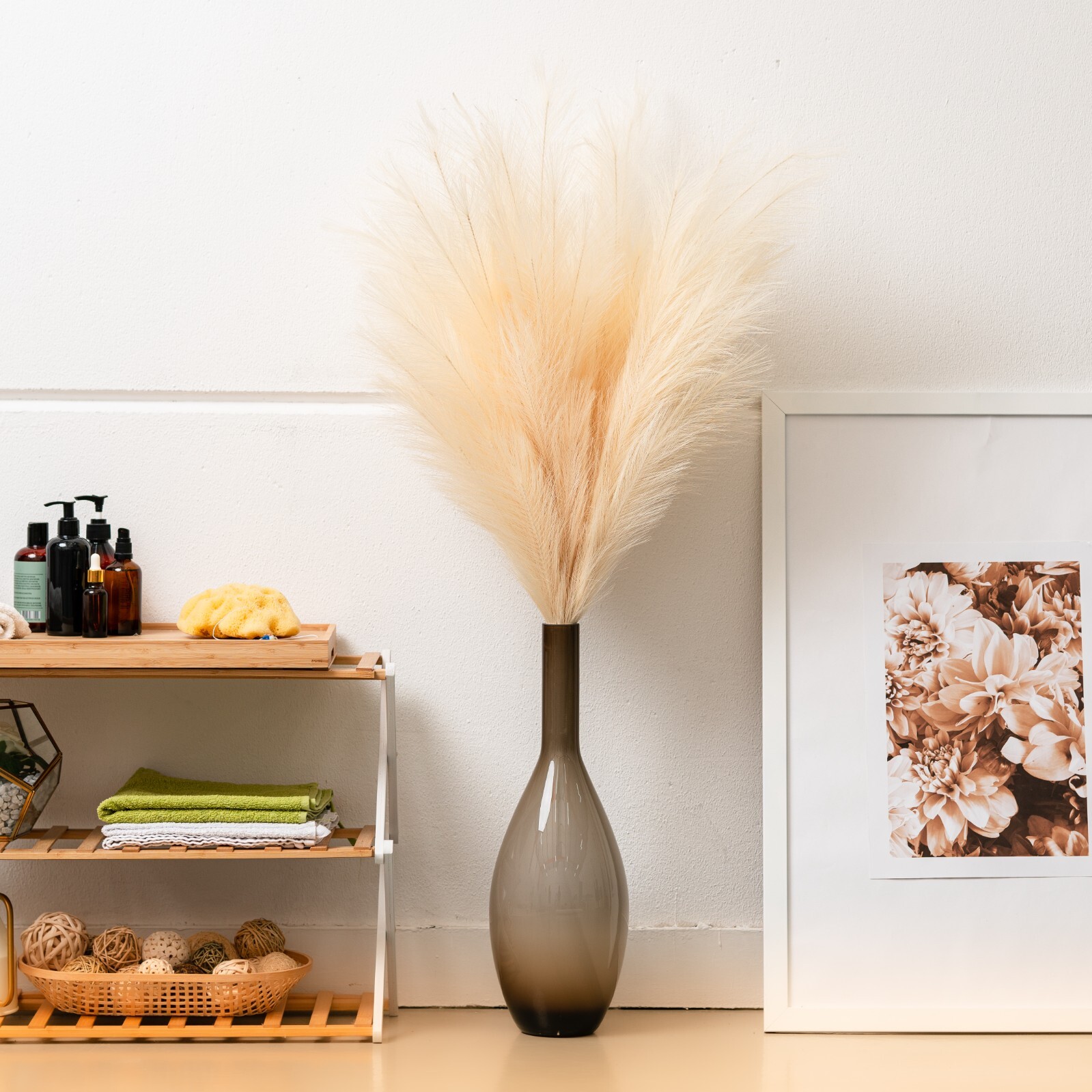 10 Stems of Extra Large Silk Faux Pampas Grass (43”/110cm-Beige)