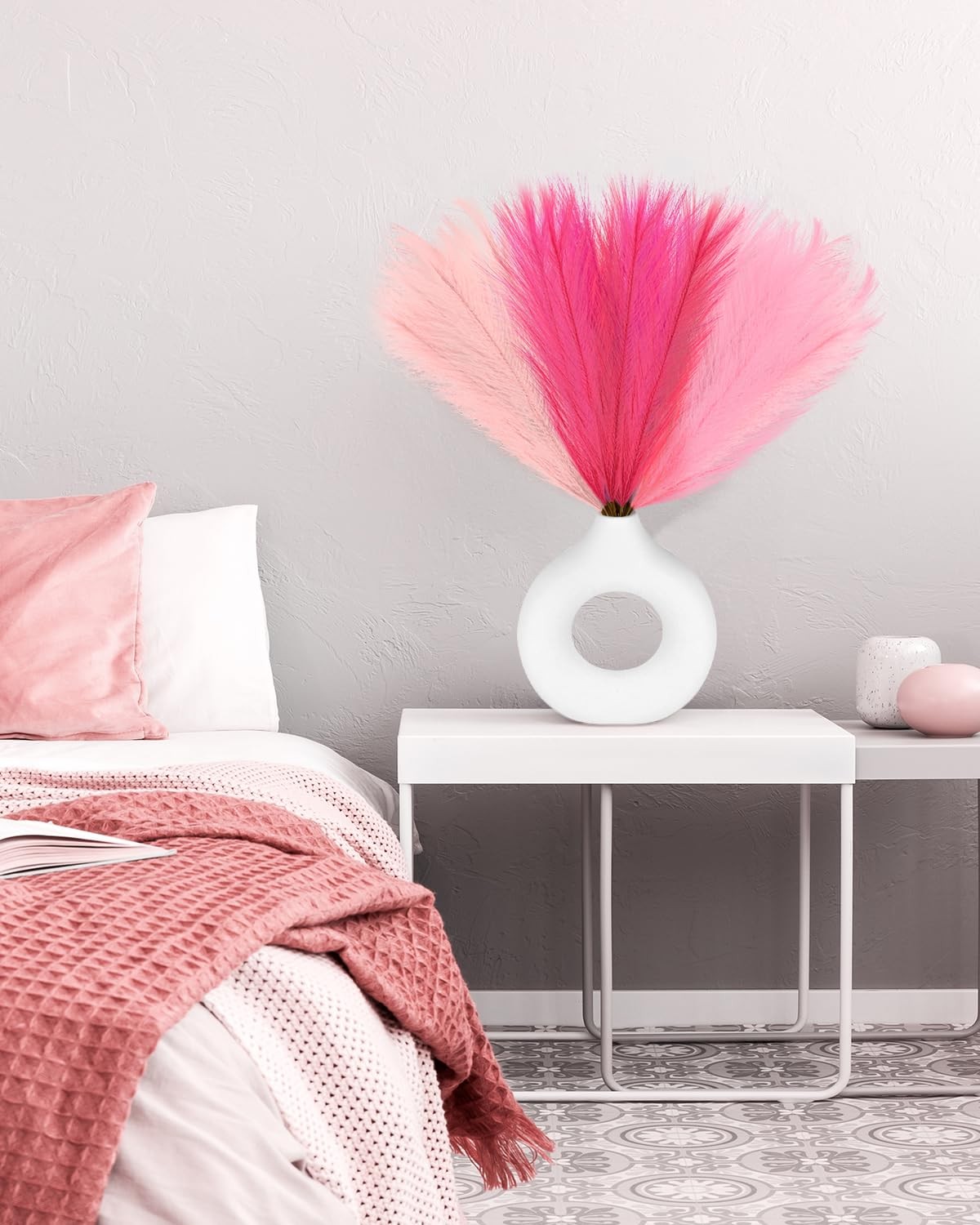48pcs Pink Faux Pampas Grass Decor, 21.7inch Hot Pink Short Artificial Pompou…